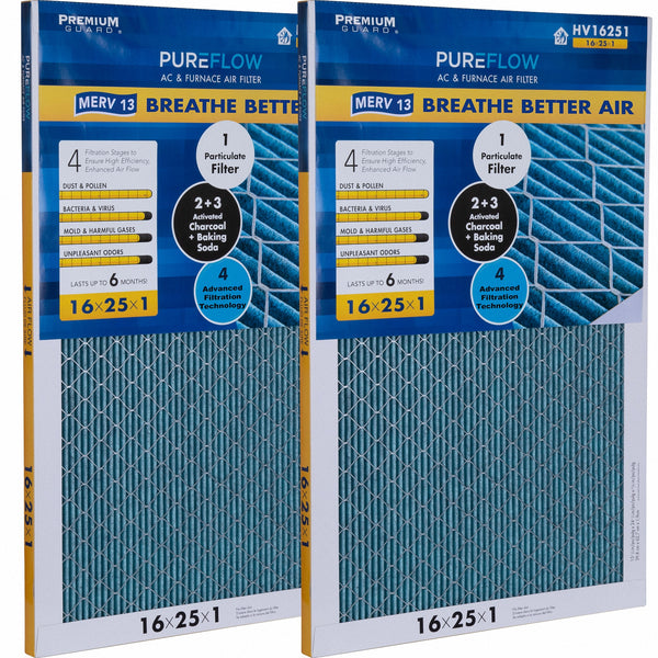 PUREFLOW, Home Furnace Air Filter 16x25x1, with 4 Layers of Advanced Filtration Technology, MERV-13 Pack of 2