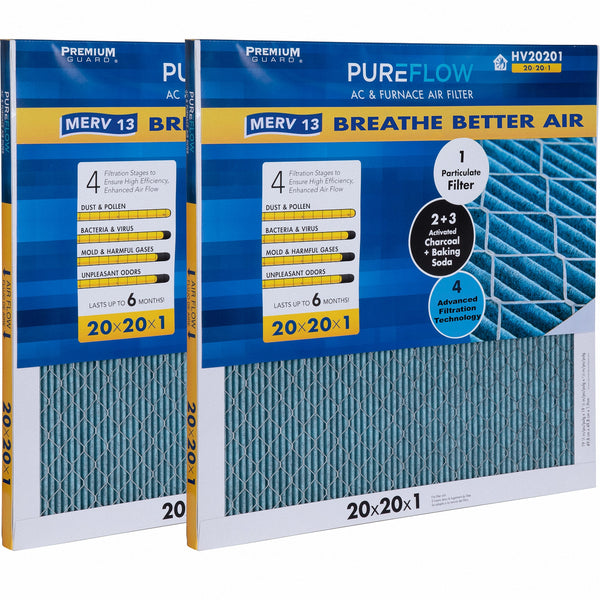 PUREFLOW, Home Furnace Air Filter 20x20x1, with 4 Layers of Advanced Filtration Technology, MERV-13 Pack of 2