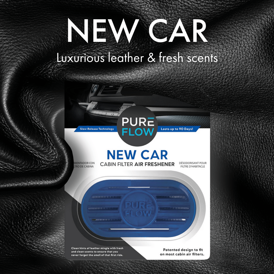 PUREFLOW Cabin Filter Air Freshener with Odor Eliminator – Fits on Most Car, Truck, and SUV Cabin Air Filters - New Car