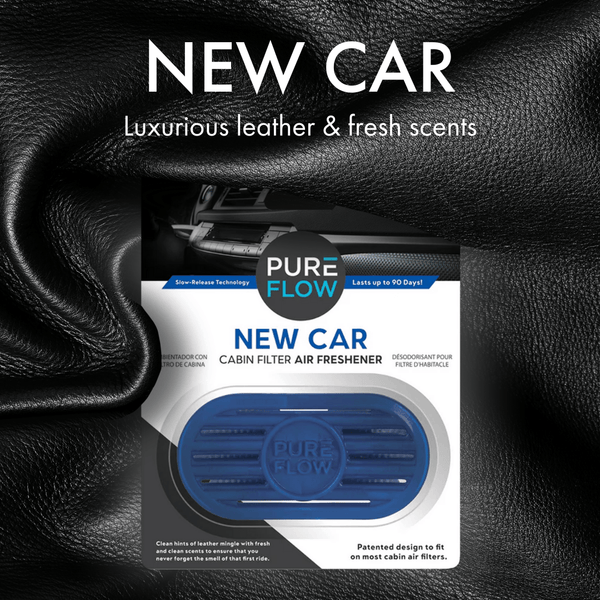 PUREFLOW Cabin Filter Air Freshener with Odor Eliminator – Fits on Most Car, Truck, and SUV Cabin Air Filters - New Car