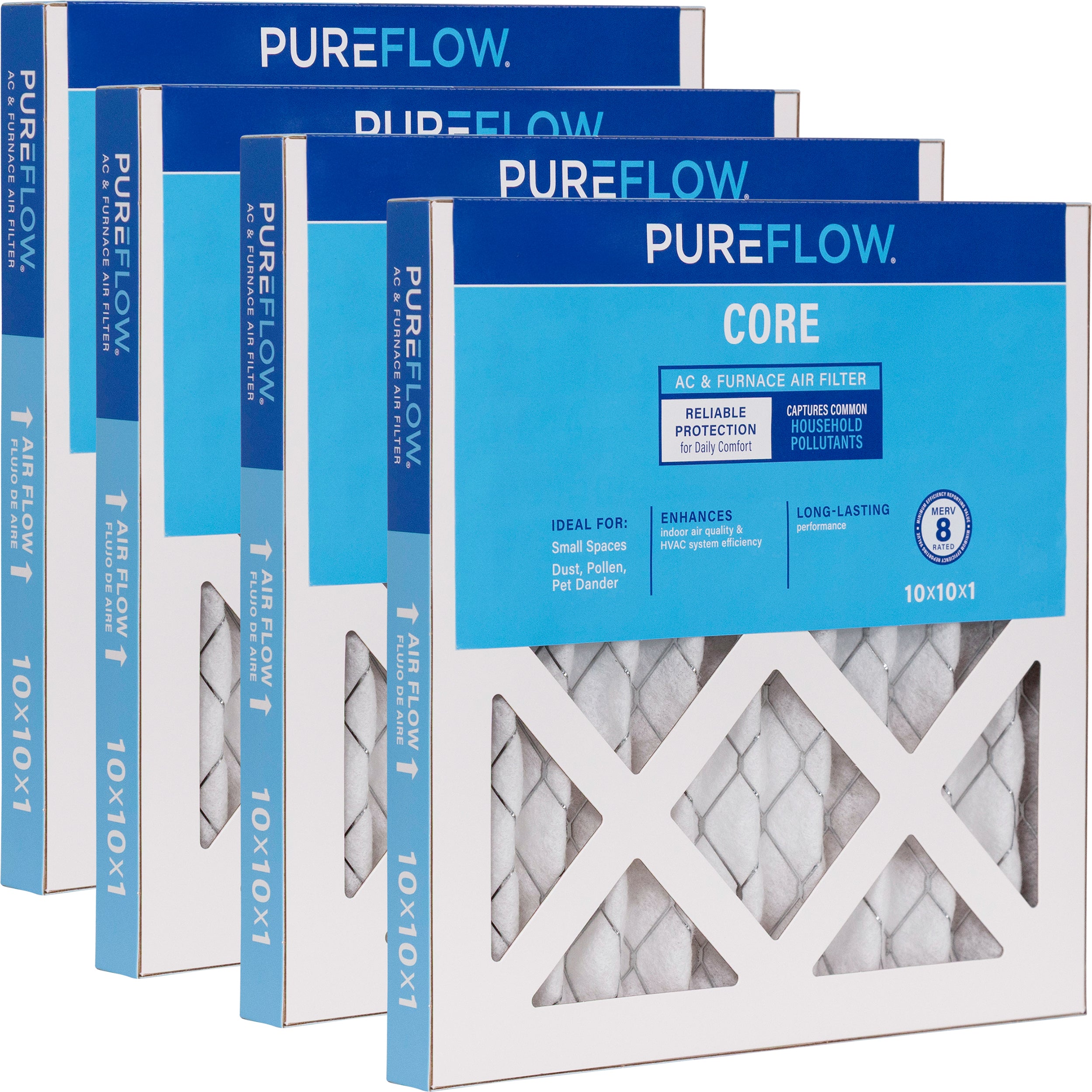 PUREFLOW Home Air Filter MERV 8, 10x10x1 Furnace Filter, 4 Layer High Efficiency Filtration for Dust, Smoke, Fumes, Pollutants (4 - Pack)