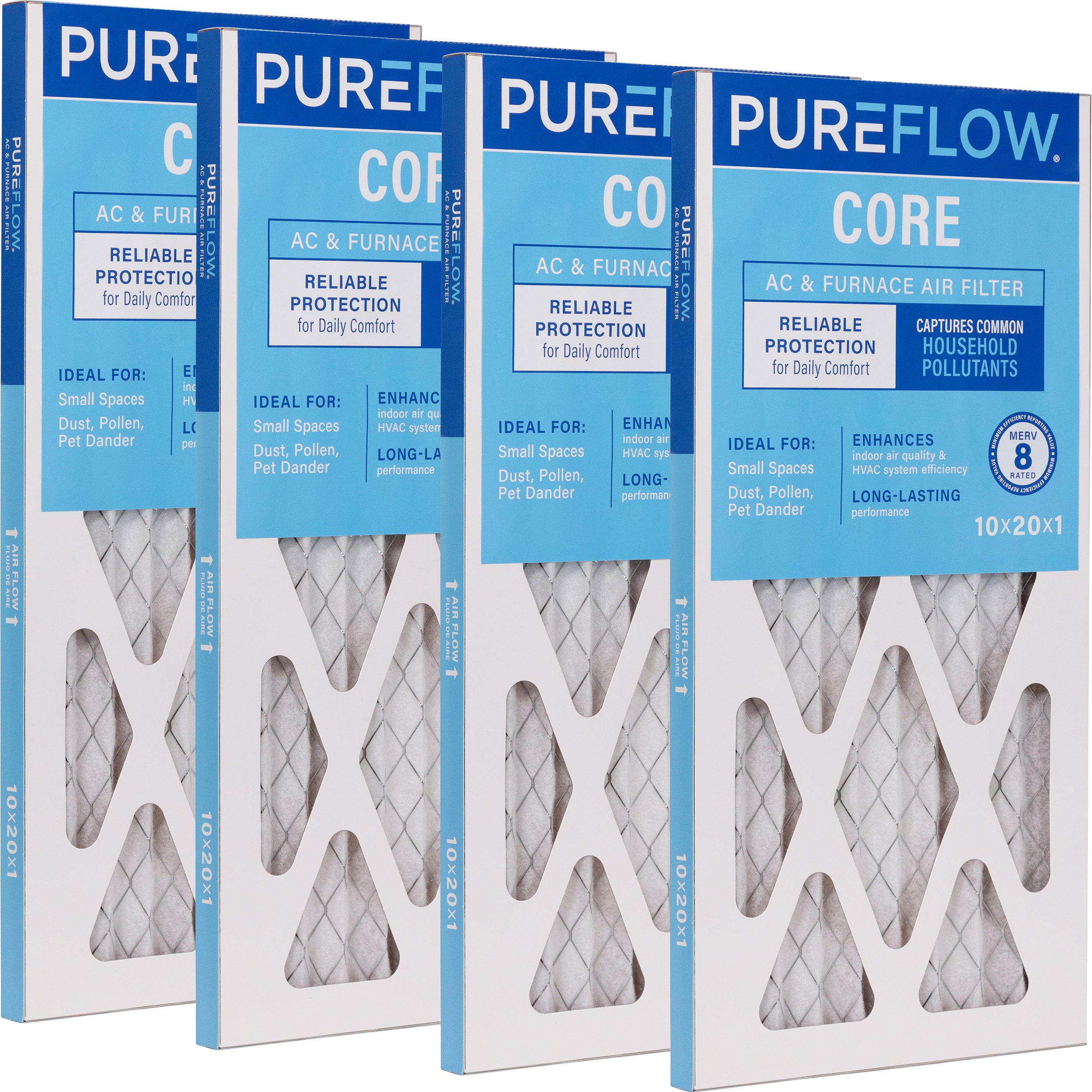PUREFLOW Home Air Filter MERV 8, 10x20x1 Furnace Filter, 4 Layer High Efficiency Filtration for Dust, Smoke, Fumes, Pollutants (4 - Pack)