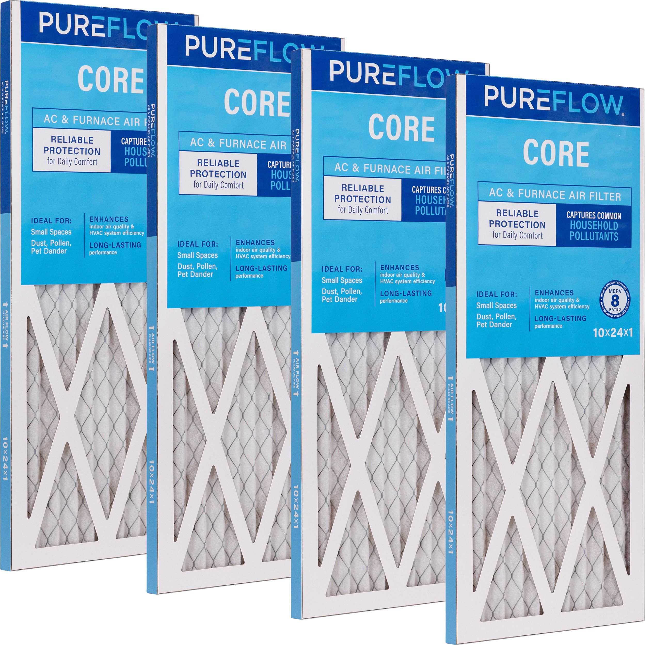 PUREFLOW Home Air Filter MERV 8, 10x24x1 Furnace Filter, 4 Layer High Efficiency Filtration for Dust, Smoke, Fumes, Pollutants (4 - Pack)