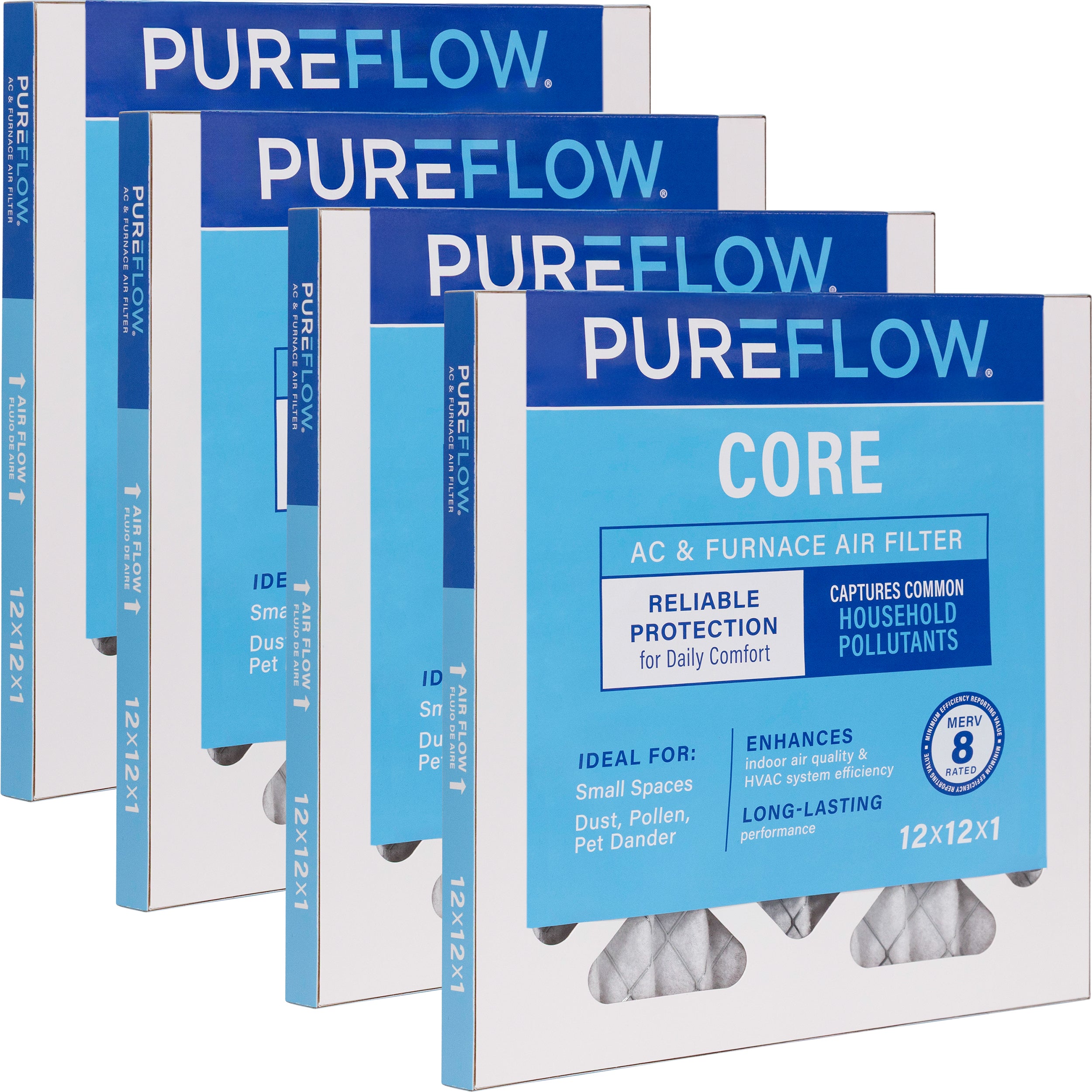 PUREFLOW Home Air Filter MERV 8, 12x12x1 Furnace Filter, 4 Layer High Efficiency Filtration for Dust, Smoke, Fumes, Pollutants (4 - Pack)