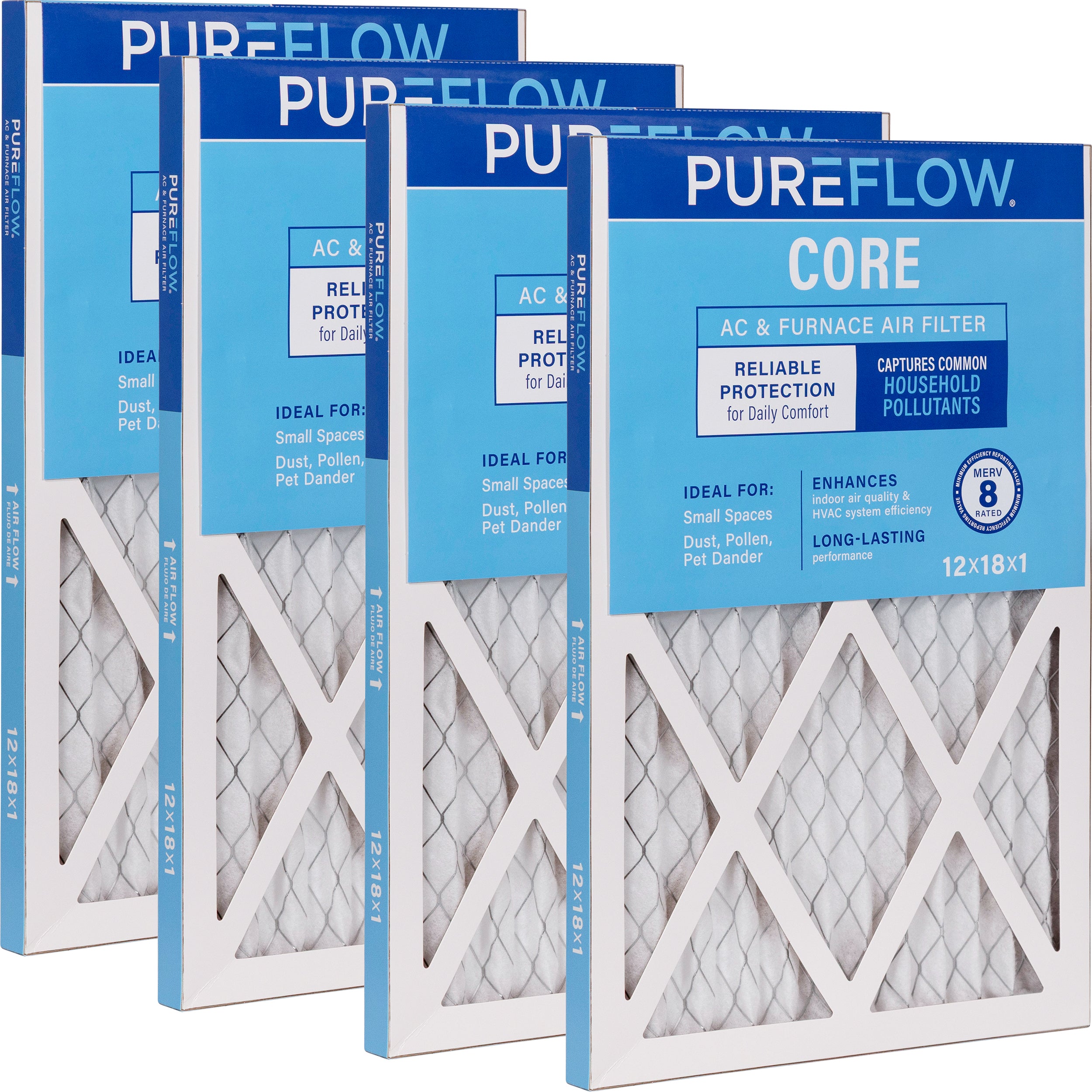 PUREFLOW Home Air Filter MERV 8, 12x18x1 Furnace Filter, 4 Layer High Efficiency Filtration for Dust, Smoke, Fumes, Pollutants (4 - Pack)