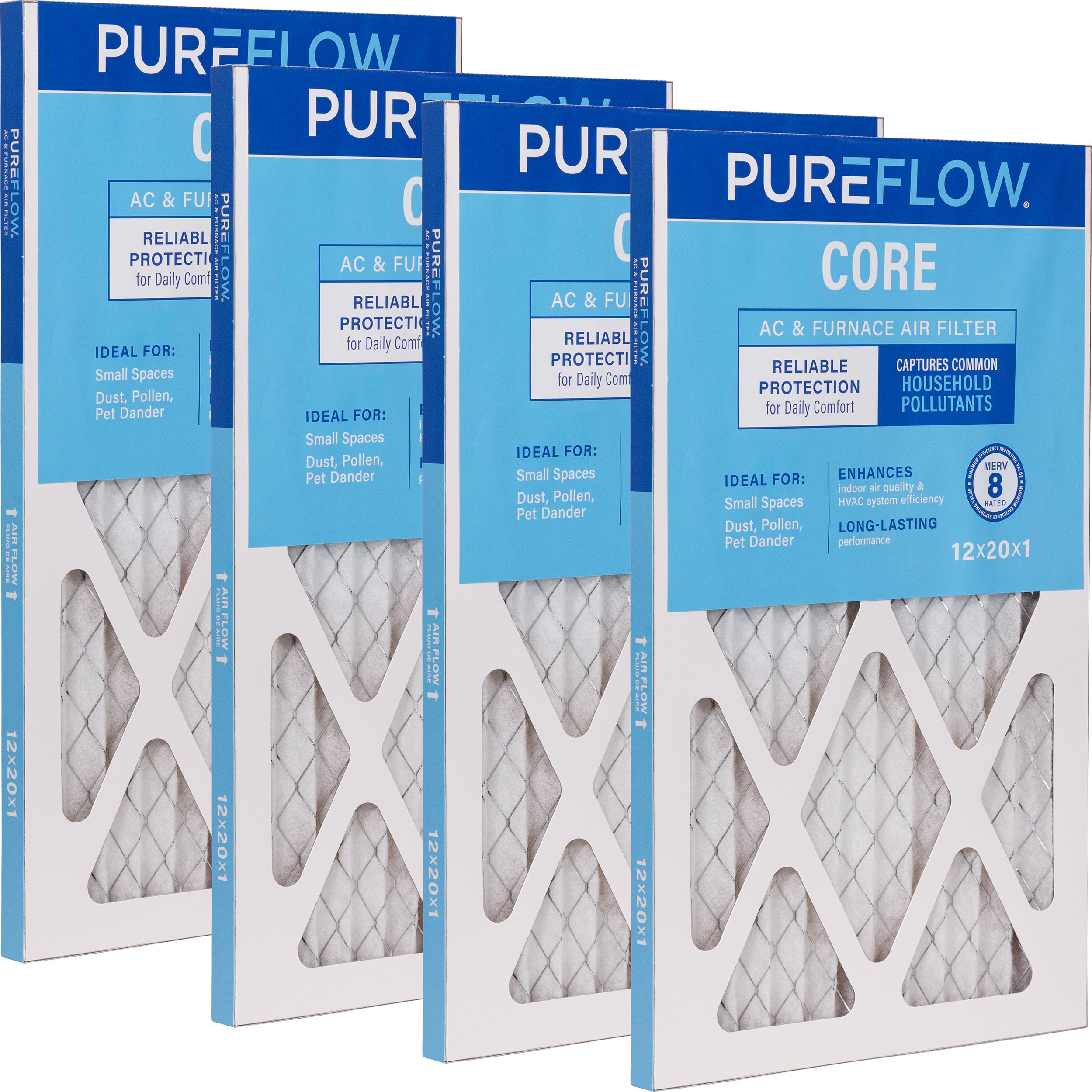 PUREFLOW Home Air Filter MERV 8, 12x20x1 Furnace Filter, 4 Layer High Efficiency Filtration for Dust, Smoke, Fumes, Pollutants (4 - Pack)