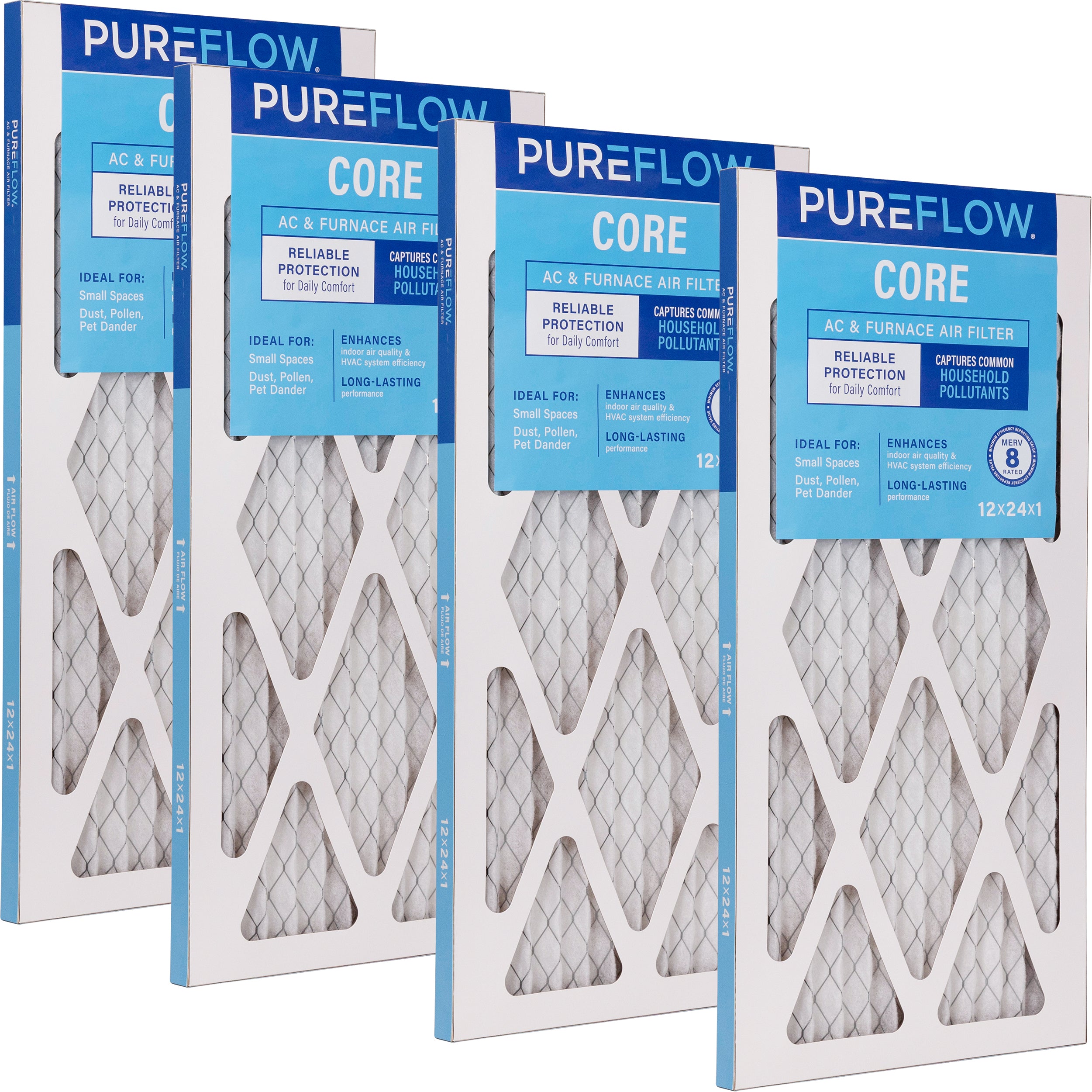 PUREFLOW Home Air Filter MERV 8, 12x24x1 Furnace Filter, 4 Layer High Efficiency Filtration for Dust, Smoke, Fumes, Pollutants (4 - Pack)