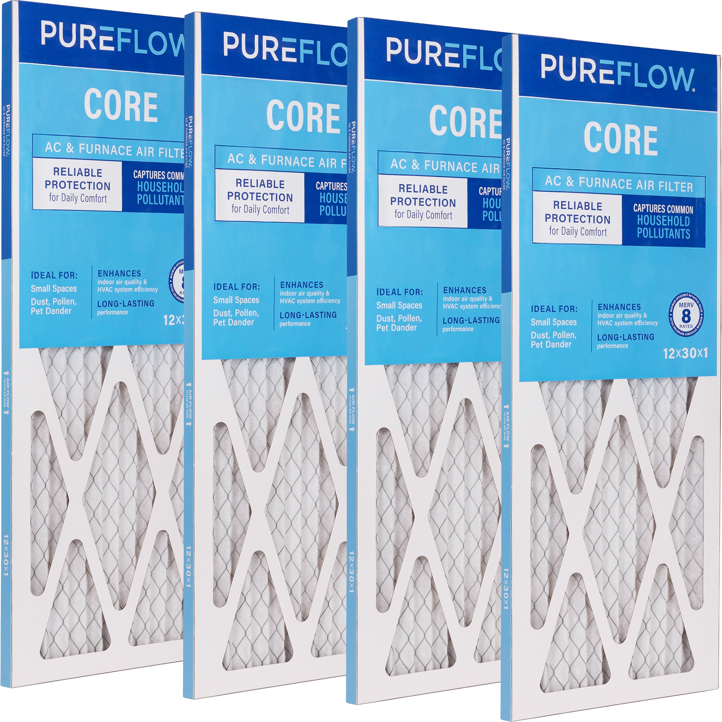 PUREFLOW Home Air Filter MERV 8, 12x30x1 Furnace Filter, 4 Layer High Efficiency Filtration for Dust, Smoke, Fumes, Pollutants (4 - Pack)