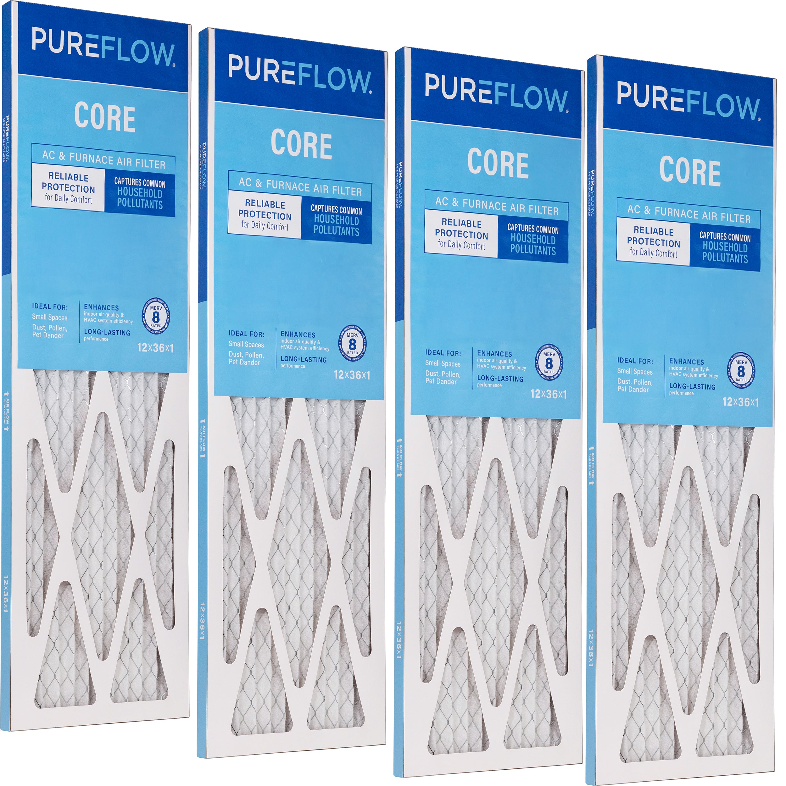 PUREFLOW Home Air Filter MERV 8, 12x36x1 Furnace Filter, 4 Layer High Efficiency Filtration for Dust, Smoke, Fumes, Pollutants (4 - Pack)