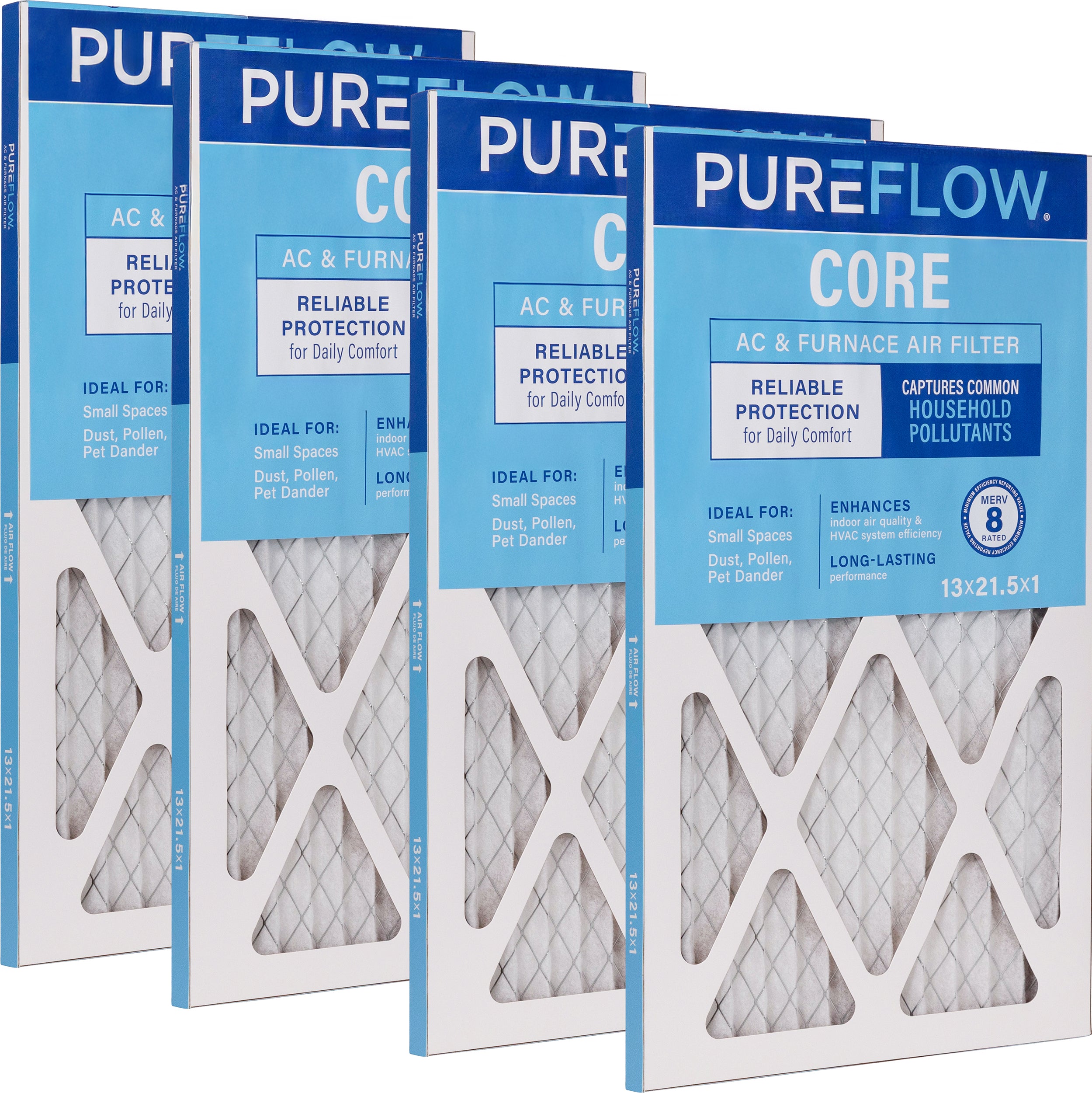 PUREFLOW Home Air Filter MERV 8, 13x21.5x1 Furnace Filter, 4 Layer High Efficiency Filtration for Dust, Smoke, Fumes, Pollutants (4 - Pack)