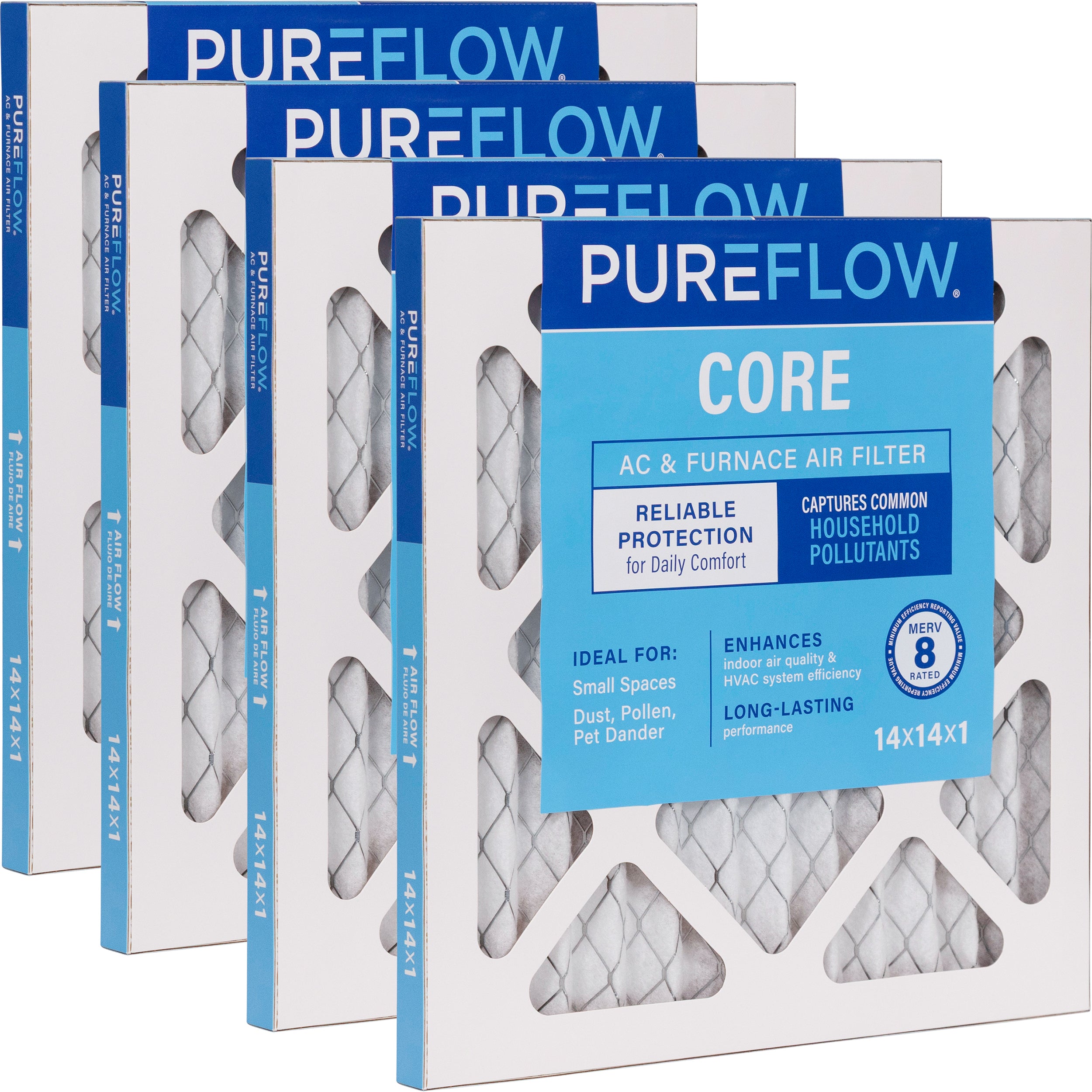 PUREFLOW Home Air Filter MERV 8, 14x14x1 Furnace Filter, 4 Layer High Efficiency Filtration for Dust, Smoke, Fumes, Pollutants (4 - Pack)