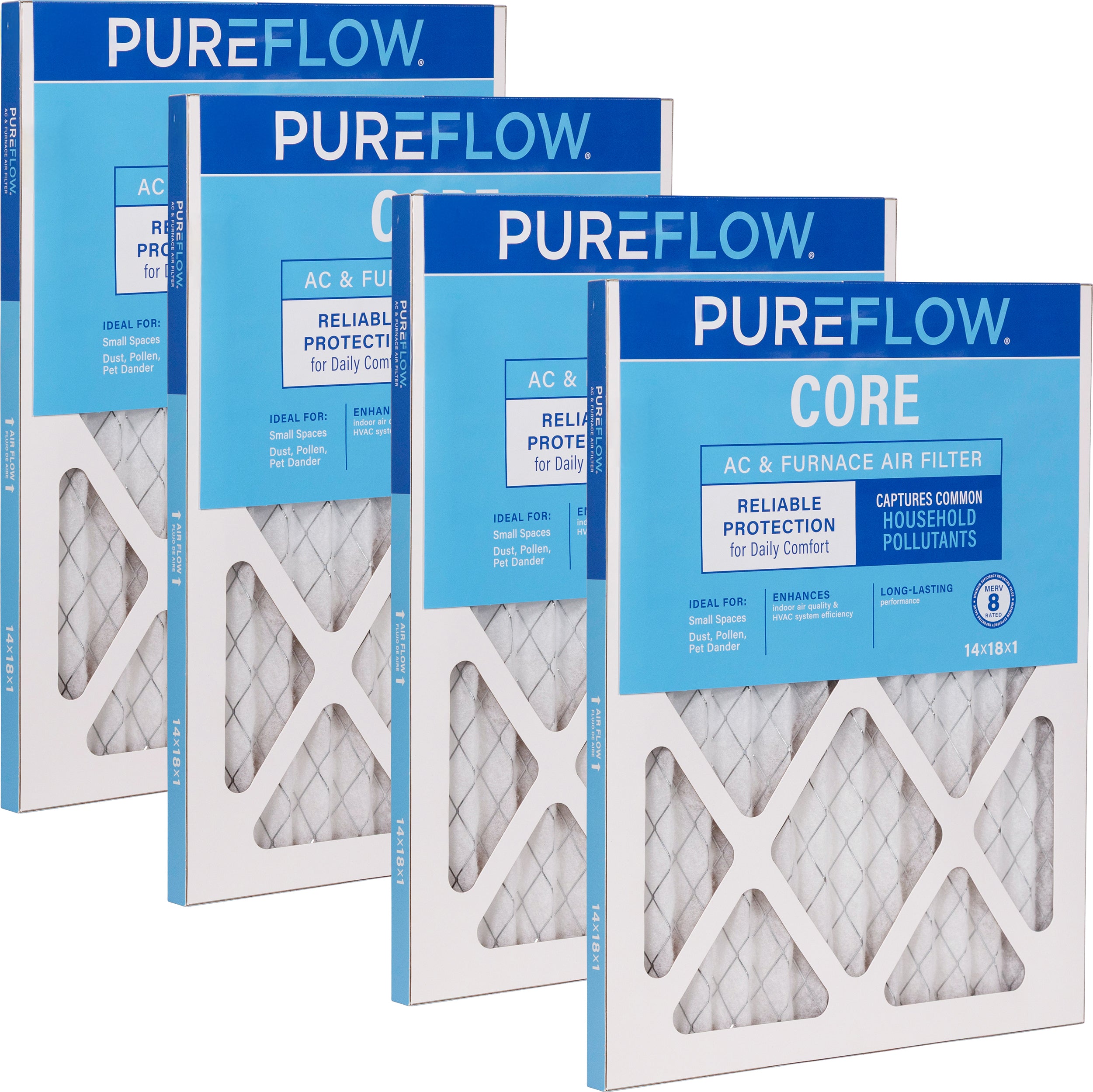 PUREFLOW Home Air Filter MERV 8, 14x18x1 Furnace Filter, 4 Layer High Efficiency Filtration for Dust, Smoke, Fumes, Pollutants (4 - Pack)