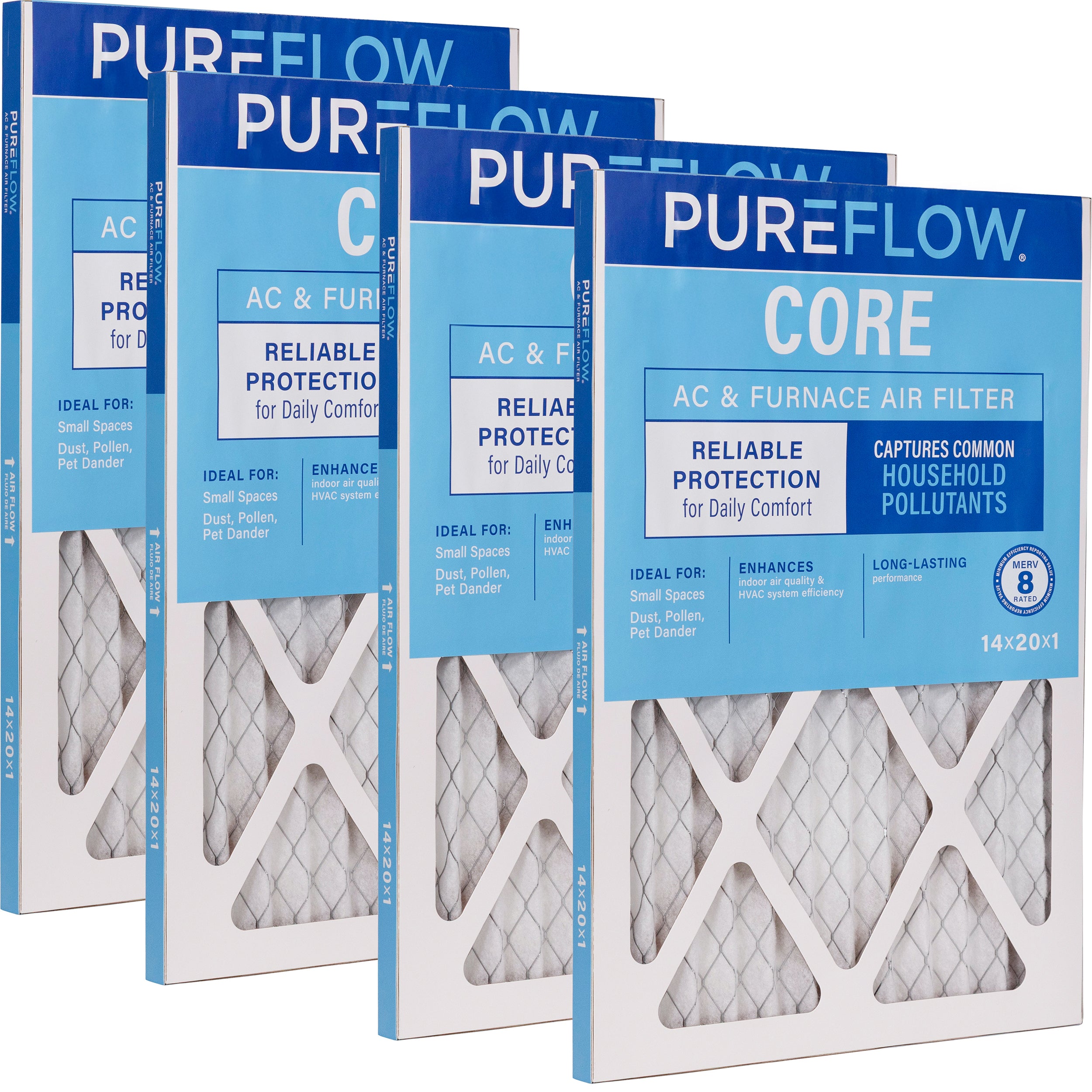 PUREFLOW Home Air Filter MERV 8, 14x20x1 Furnace Filter, 4 Layer High Efficiency Filtration for Dust, Smoke, Fumes, Pollutants (4 - Pack)