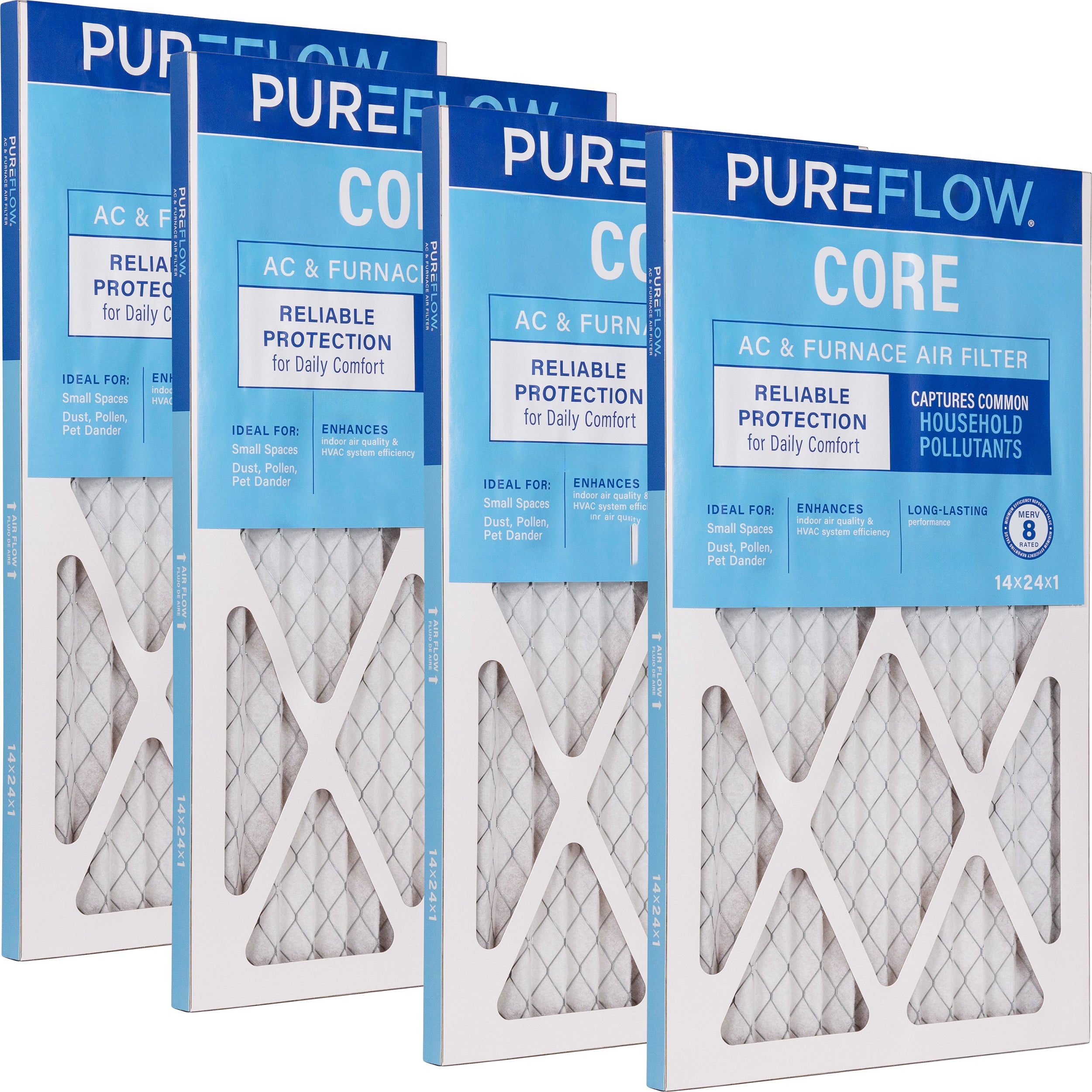 PUREFLOW Home Air Filter MERV 8, 14x24x1 Furnace Filter, 4 Layer High Efficiency Filtration for Dust, Smoke, Fumes, Pollutants (4 - Pack)