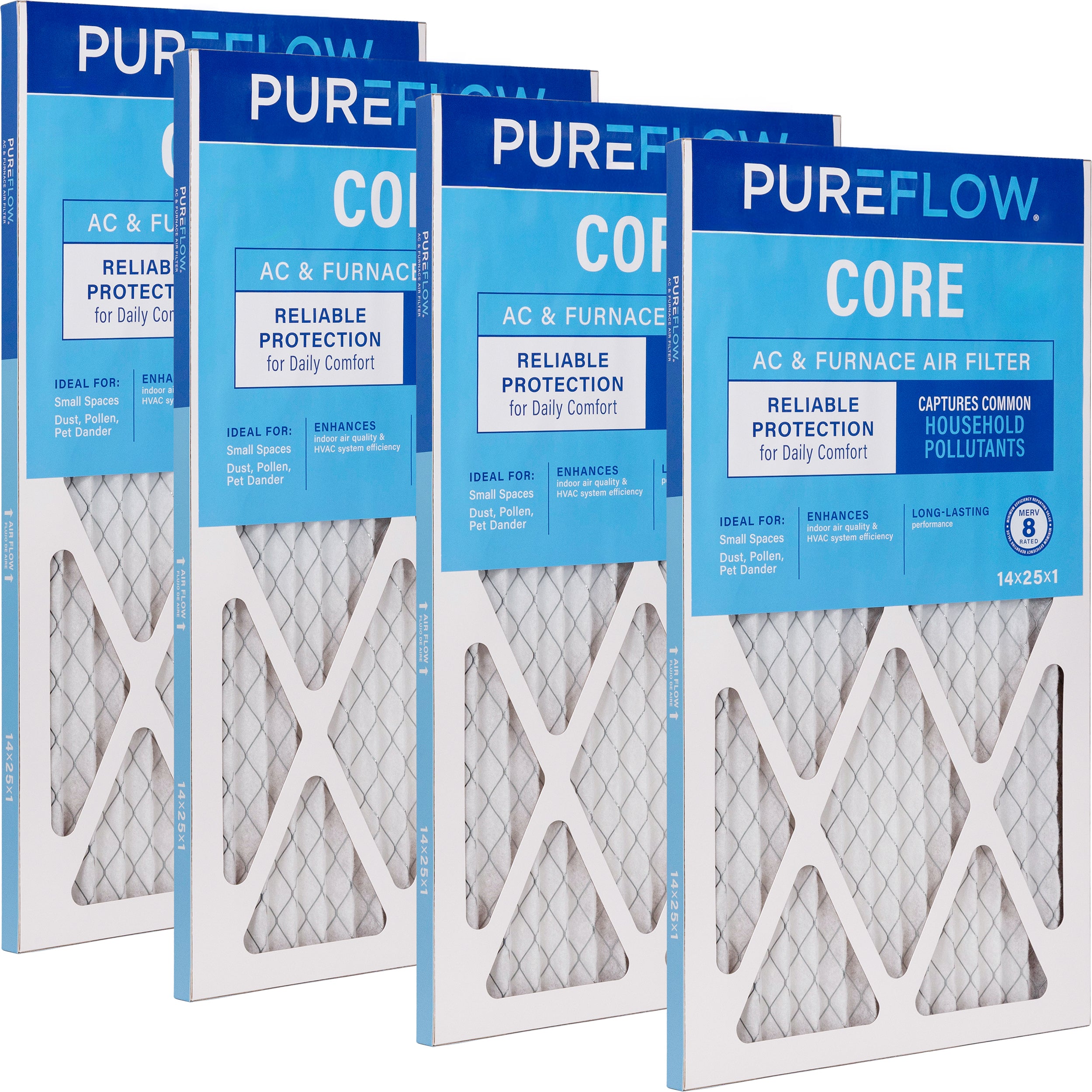 PUREFLOW Home Air Filter MERV 8, 14x25x1 Furnace Filter, 4 Layer High Efficiency Filtration for Dust, Smoke, Fumes, Pollutants (4 - Pack)