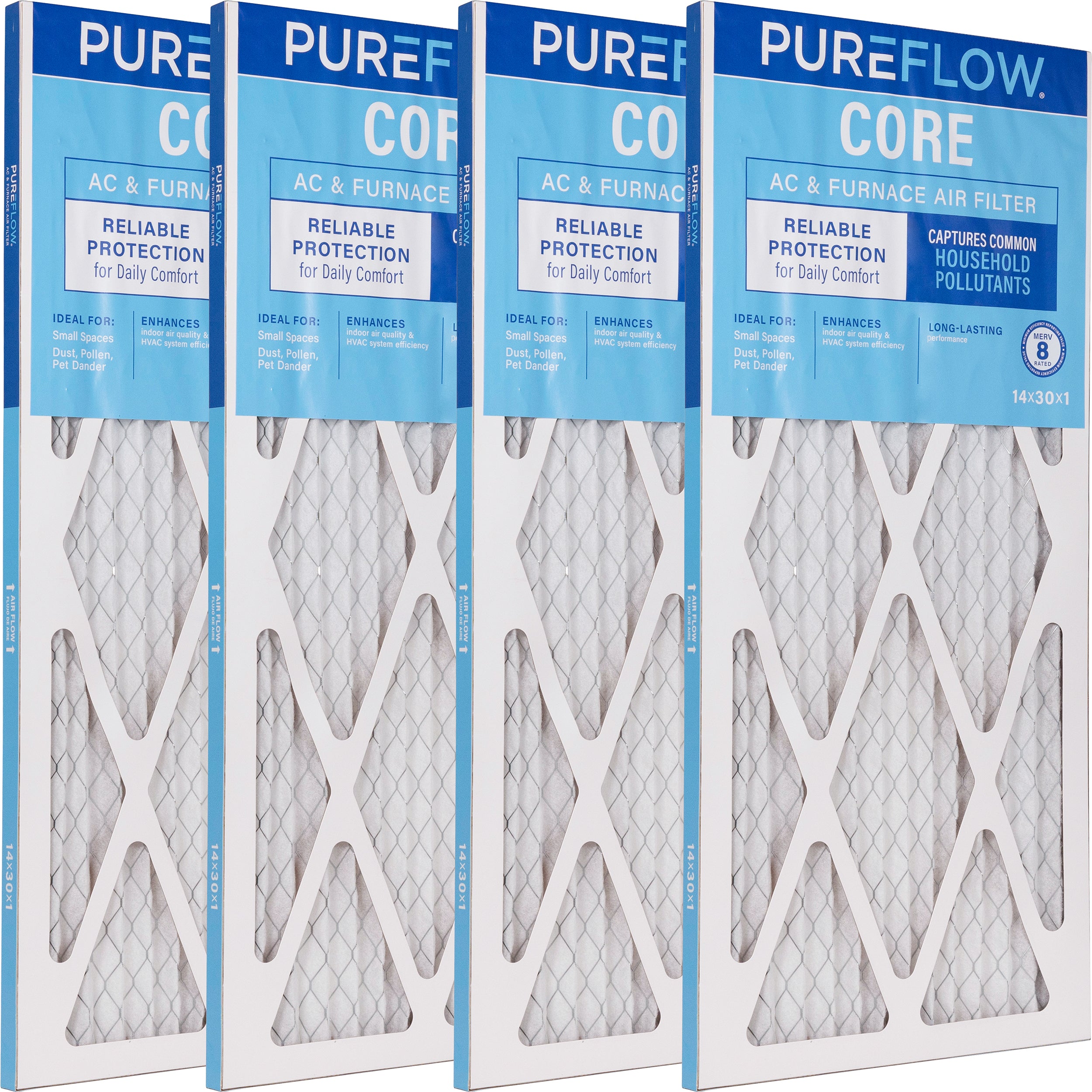 PUREFLOW Home Air Filter MERV 8, 14x30x1 Furnace Filter, 4 Layer High Efficiency Filtration for Dust, Smoke, Fumes, Pollutants (4 - Pack)