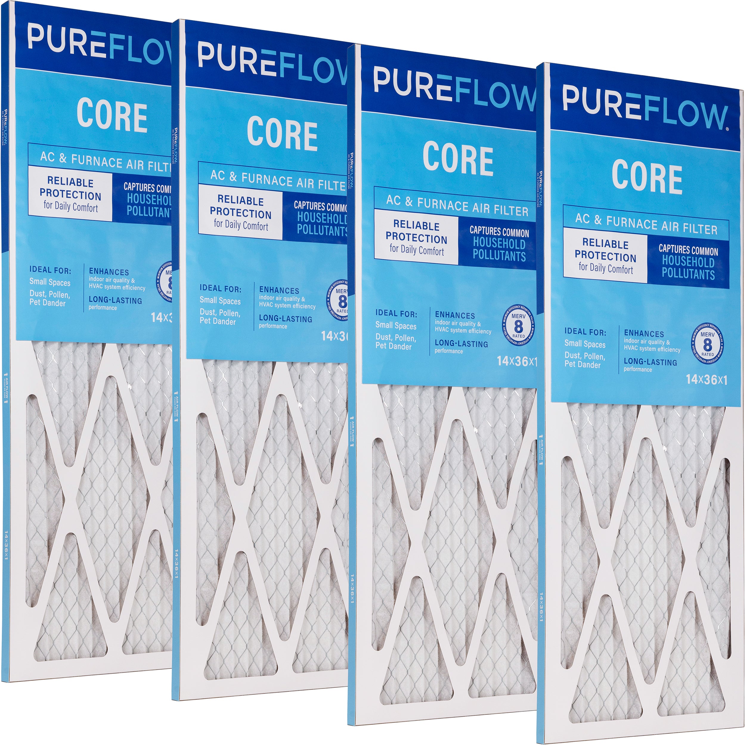 PUREFLOW Home Air Filter MERV 8, 14x36x1 Furnace Filter, 4 Layer High Efficiency Filtration for Dust, Smoke, Fumes, Pollutants (4 - Pack)
