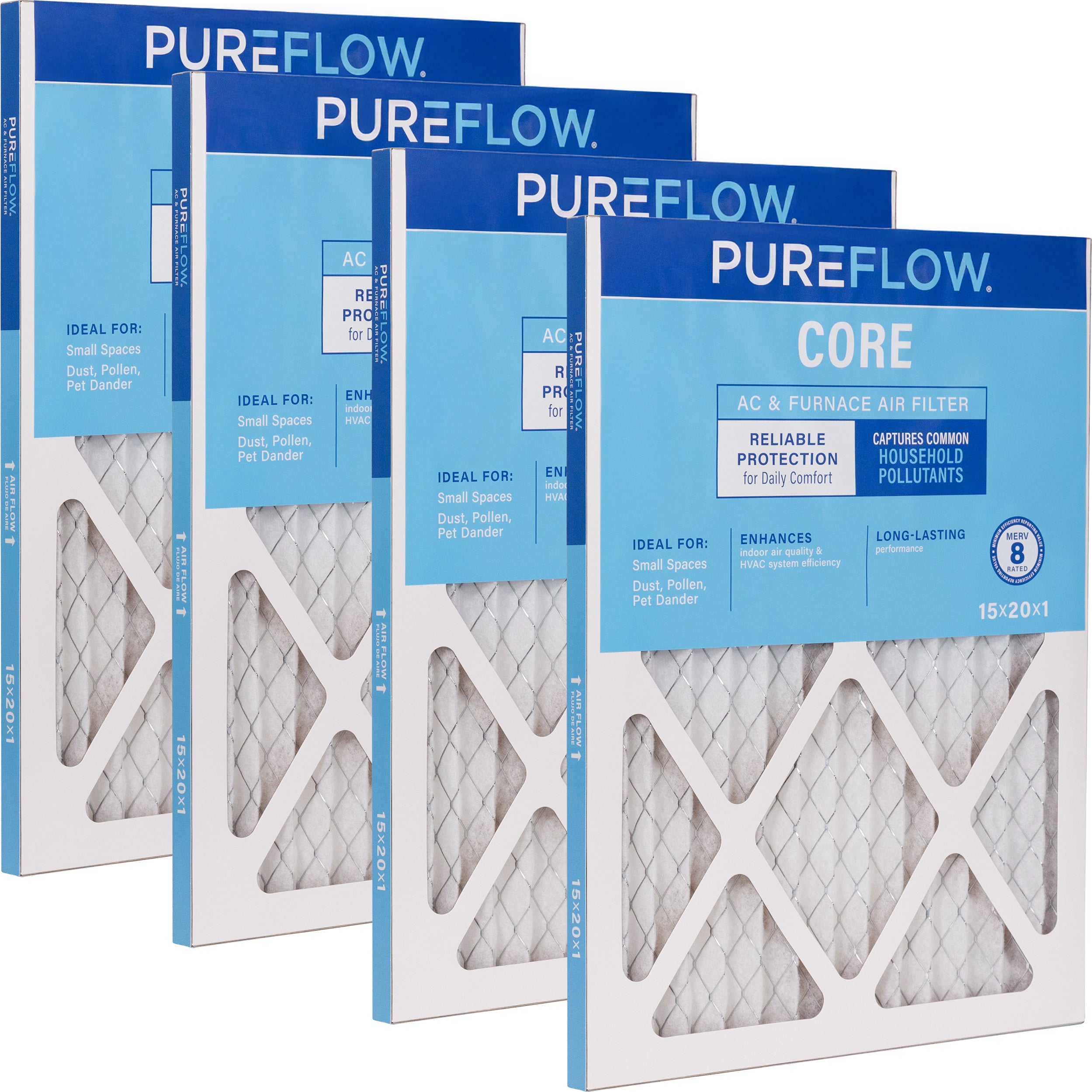 PUREFLOW Home Air Filter MERV 8, 15x20x1 Furnace Filter, 4 Layer High Efficiency Filtration for Dust, Smoke, Fumes, Pollutants (4 - Pack)