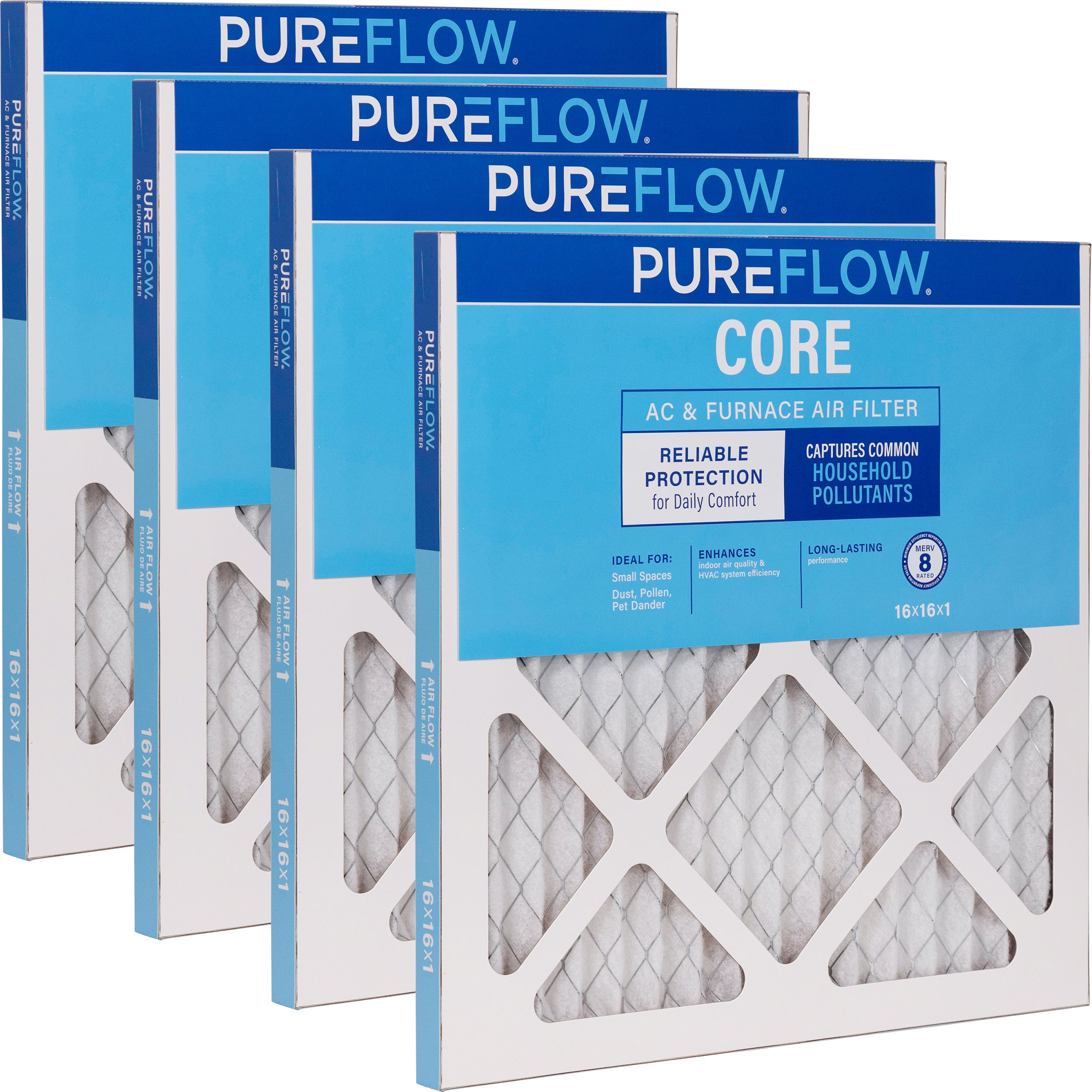 PUREFLOW Home Air Filter MERV 8, 16x16x1 Furnace Filter, 4 Layer High Efficiency Filtration for Dust, Smoke, Fumes, Pollutants (4 - Pack)