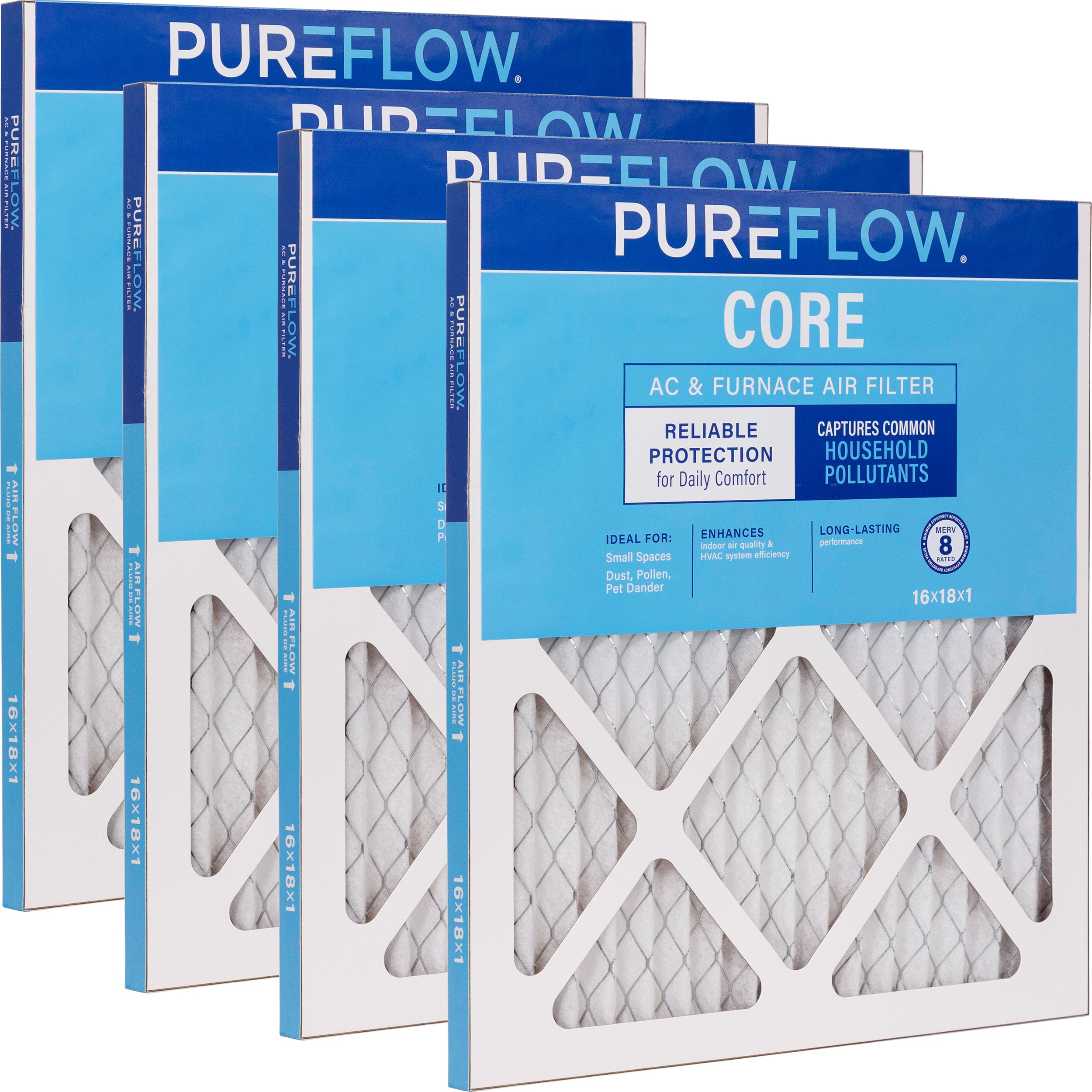PUREFLOW Home Air Filter MERV 8, 16x18x1 Furnace Filter, 4 Layer High Efficiency Filtration for Dust, Smoke, Fumes, Pollutants (4 - Pack)