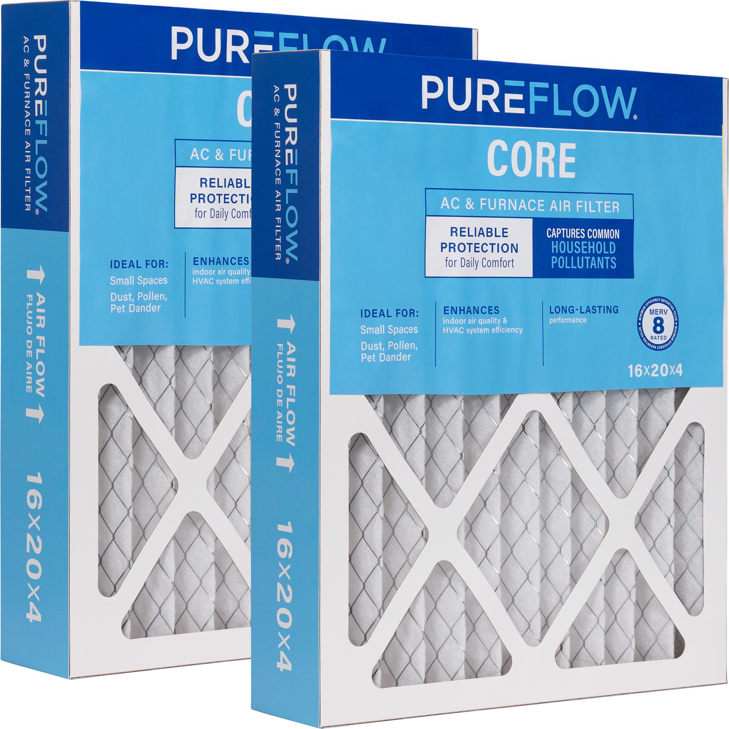 PUREFLOW Home Air Filter MERV 8, 16x20x4 Furnace Filter, 4 Layer High Efficiency Filtration for Dust, Smoke, Fumes, Pollutants (2 - Pack)