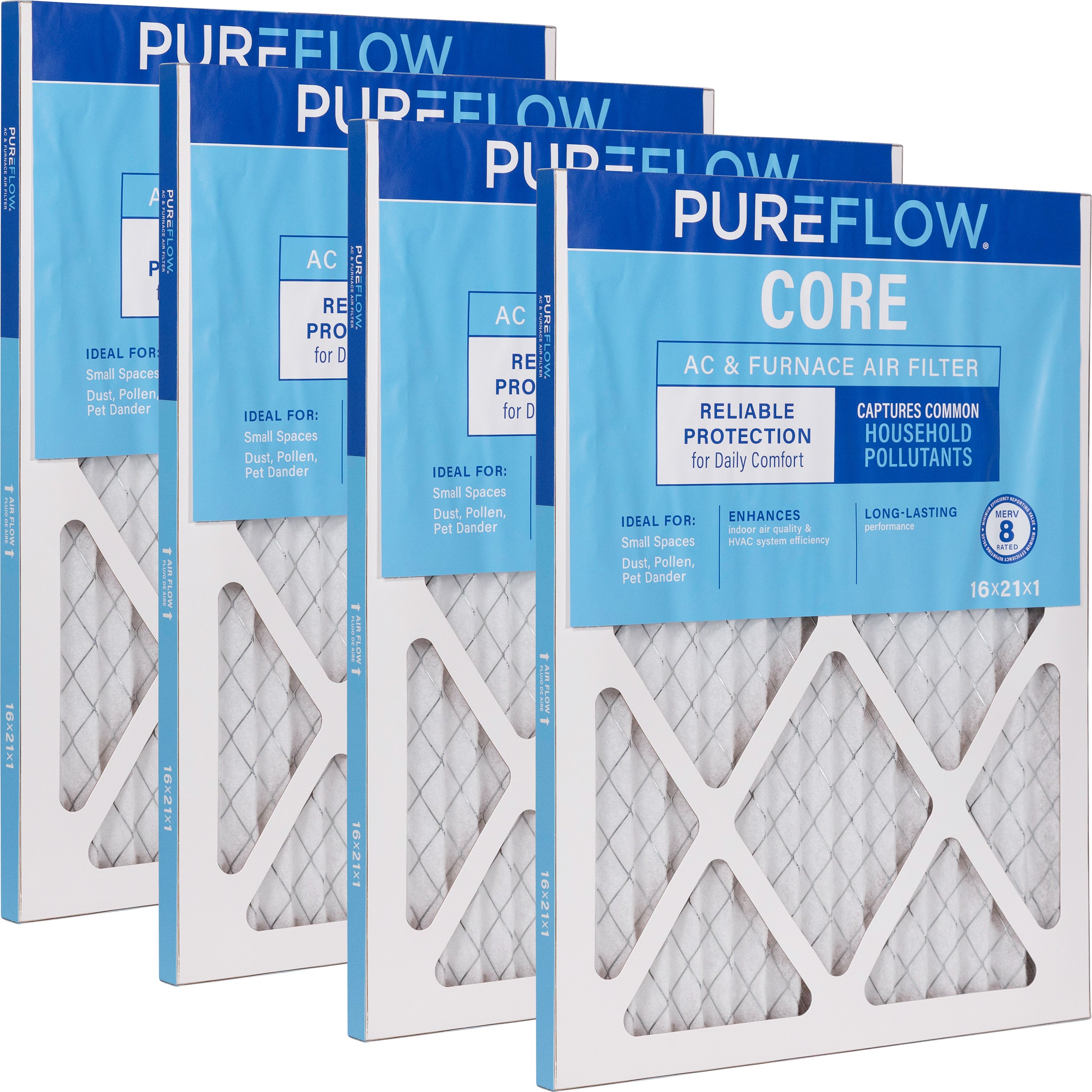 PUREFLOW Home Air Filter MERV 8, 16x21x1 Furnace Filter, 4 Layer High Efficiency Filtration for Dust, Smoke, Fumes, Pollutants (4 - Pack)
