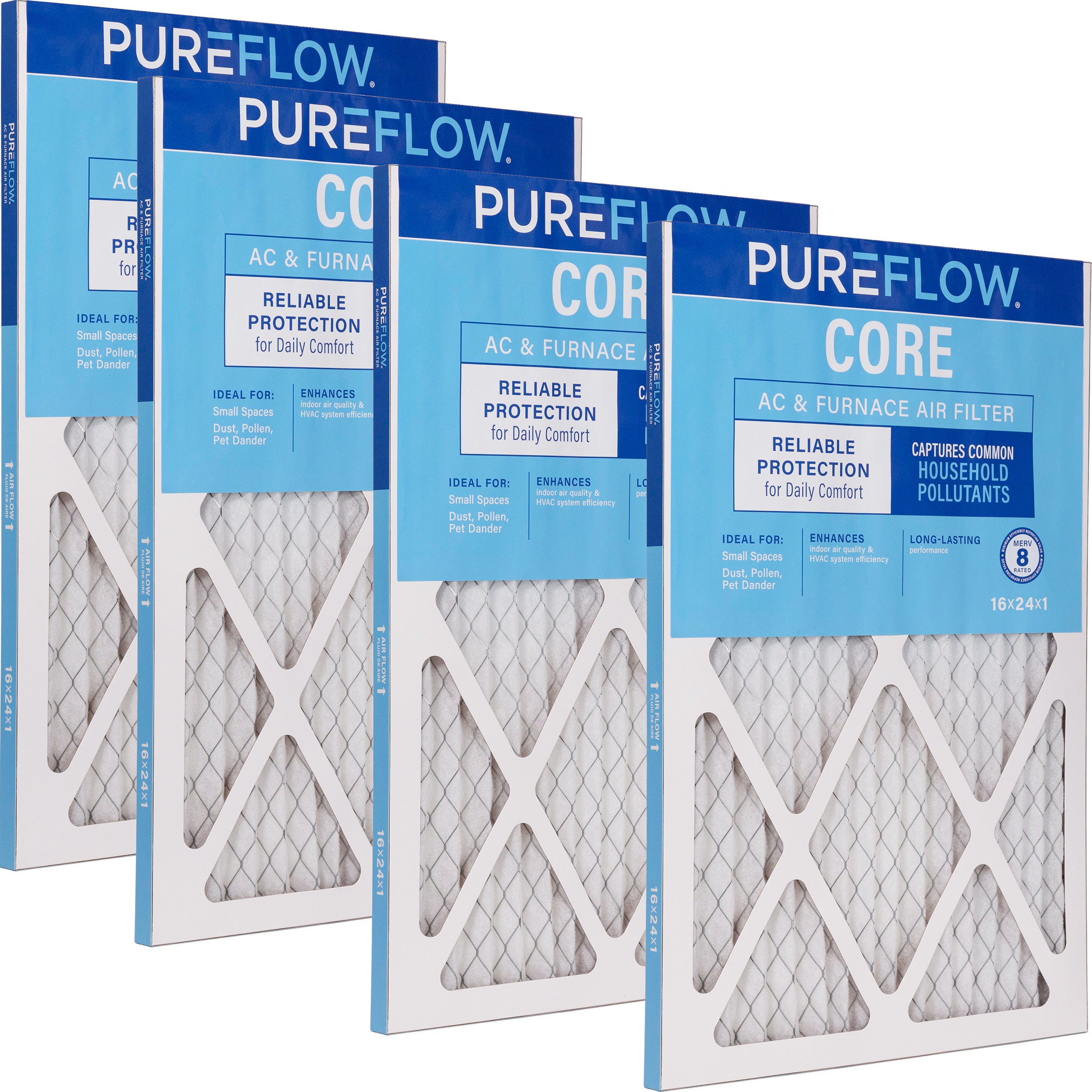 PUREFLOW Home Air Filter MERV 8, 16x24x1 Furnace Filter, 4 Layer High Efficiency Filtration for Dust, Smoke, Fumes, Pollutants (4 - Pack)