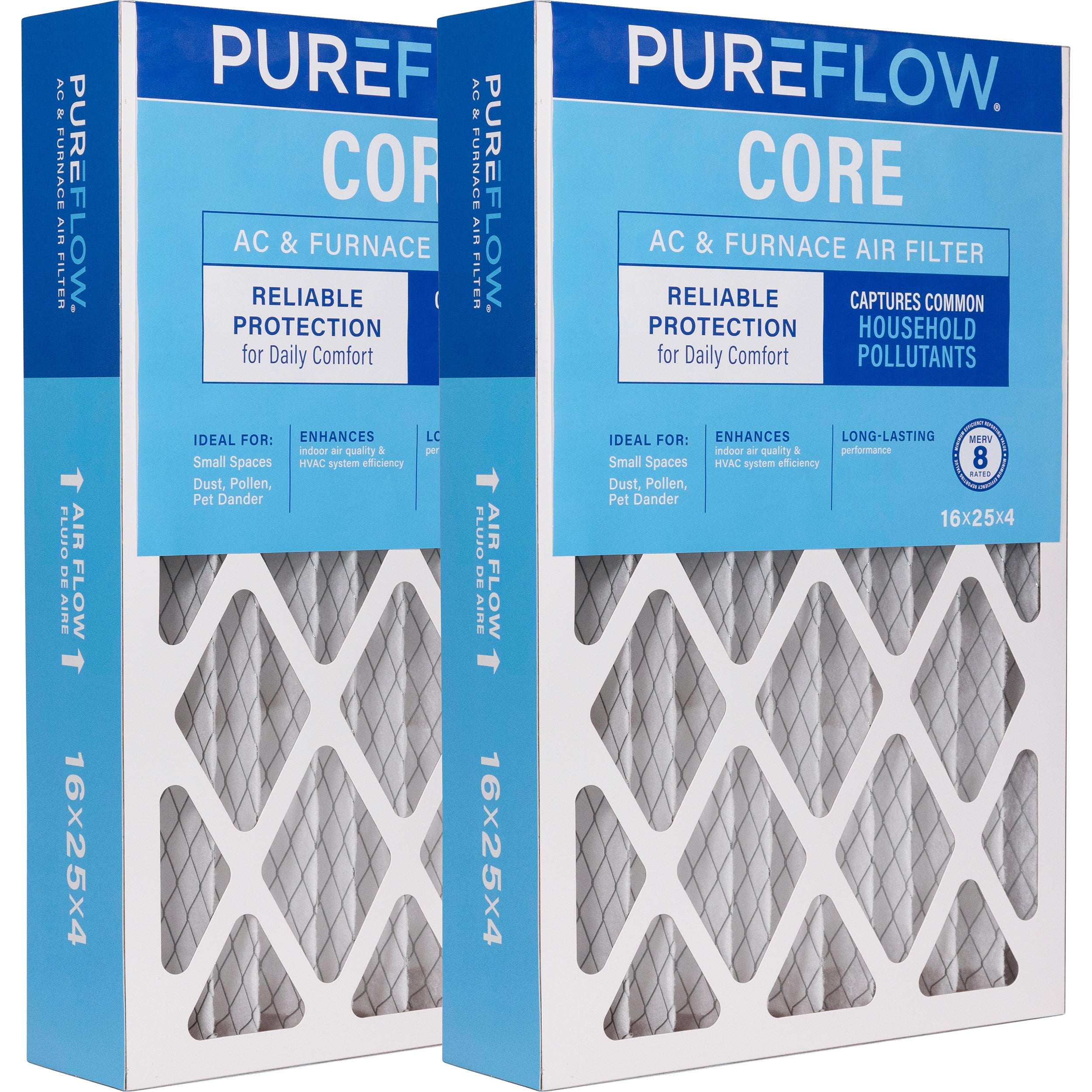PUREFLOW Home Air Filter MERV 8, 16x25x4 Furnace Filter, 4 Layer High Efficiency Filtration for Dust, Smoke, Fumes, Pollutants (2 - Pack)