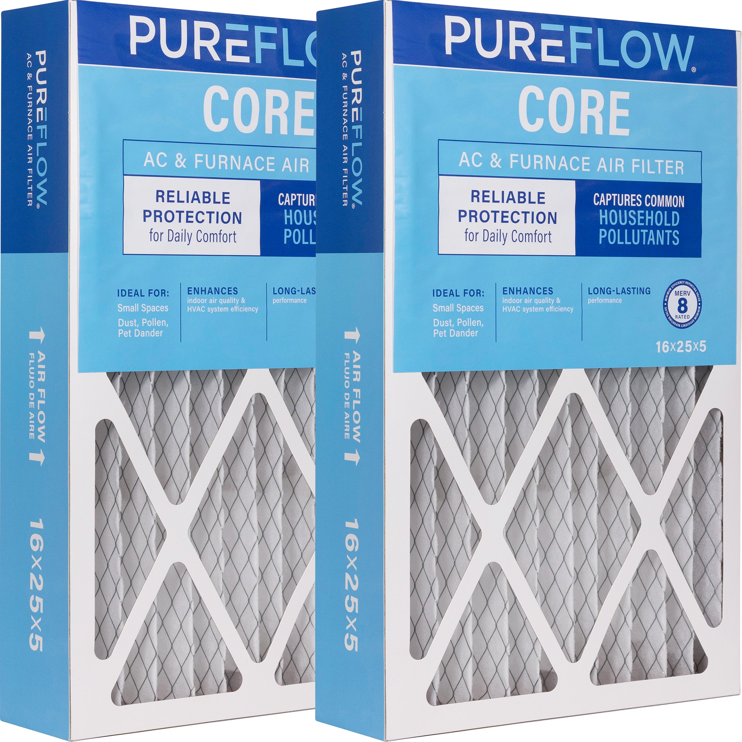 PUREFLOW Home Air Filter MERV 8, 16x25x5 Furnace Filter, 4 Layer High Efficiency Filtration for Dust, Smoke, Fumes, Pollutants (2 - Pack)