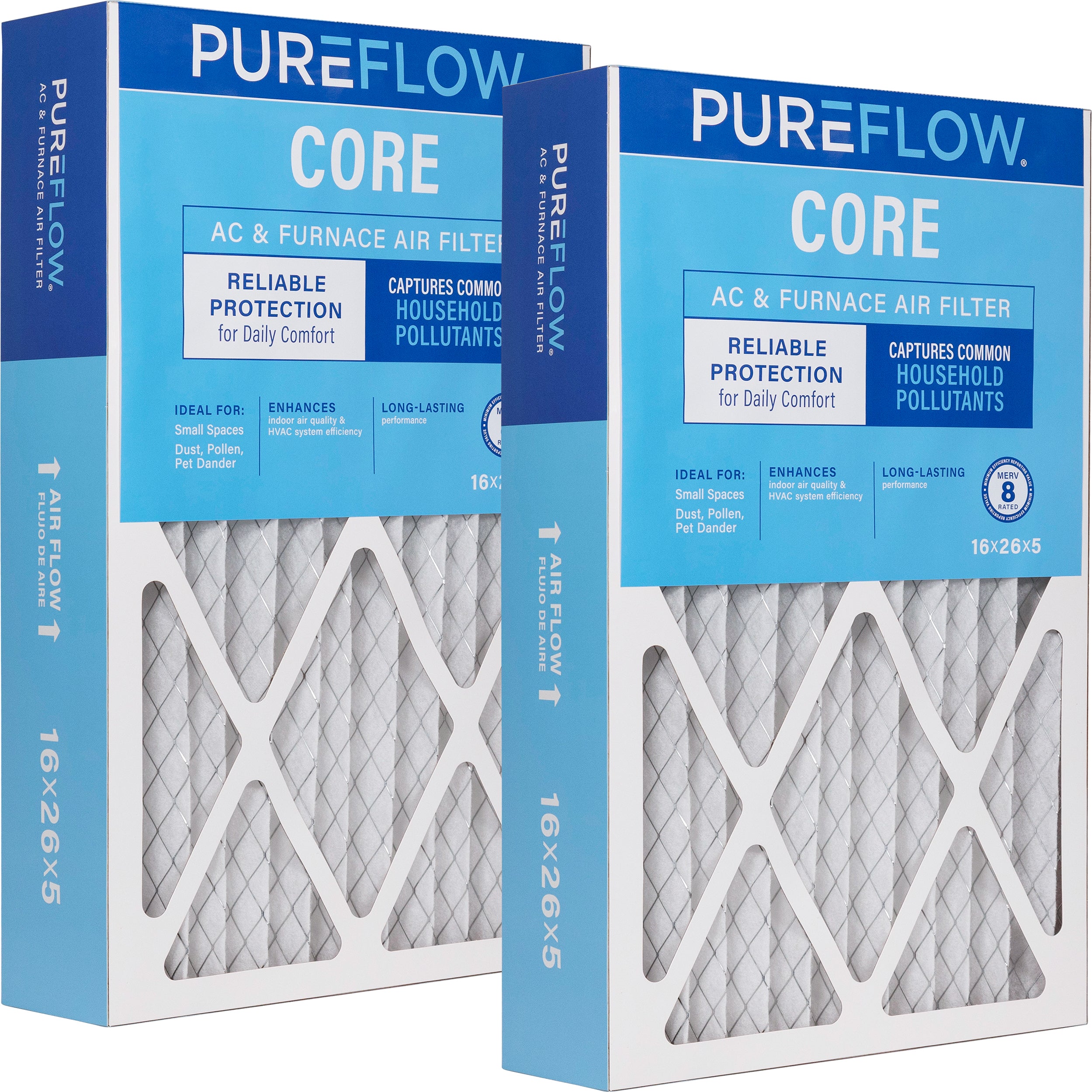 PUREFLOW Home Air Filter MERV 8, 16x26x5 Furnace Filter, 4 Layer High Efficiency Filtration for Dust, Smoke, Fumes, Pollutants (2 - Pack)