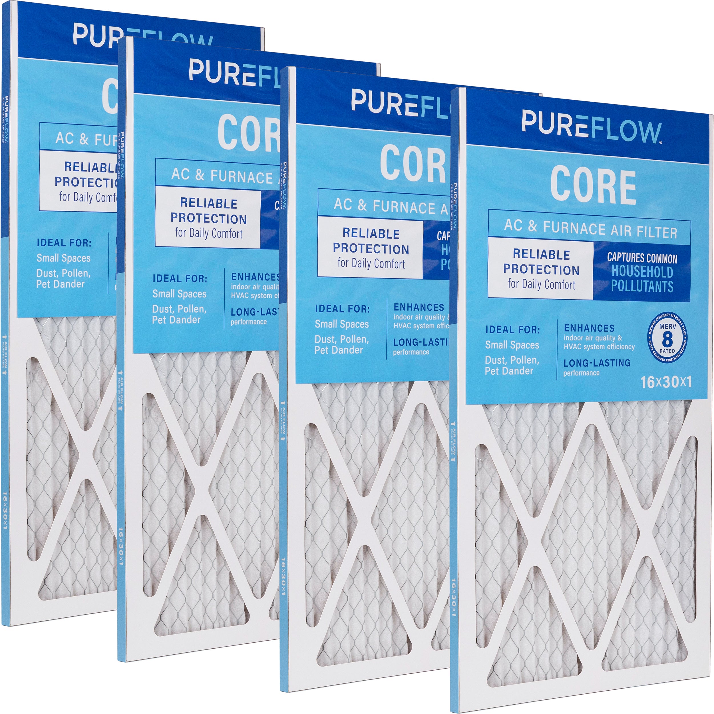 PUREFLOW Home Air Filter MERV 8, 16x30x1 Furnace Filter, 4 Layer High Efficiency Filtration for Dust, Smoke, Fumes, Pollutants (4 - Pack)