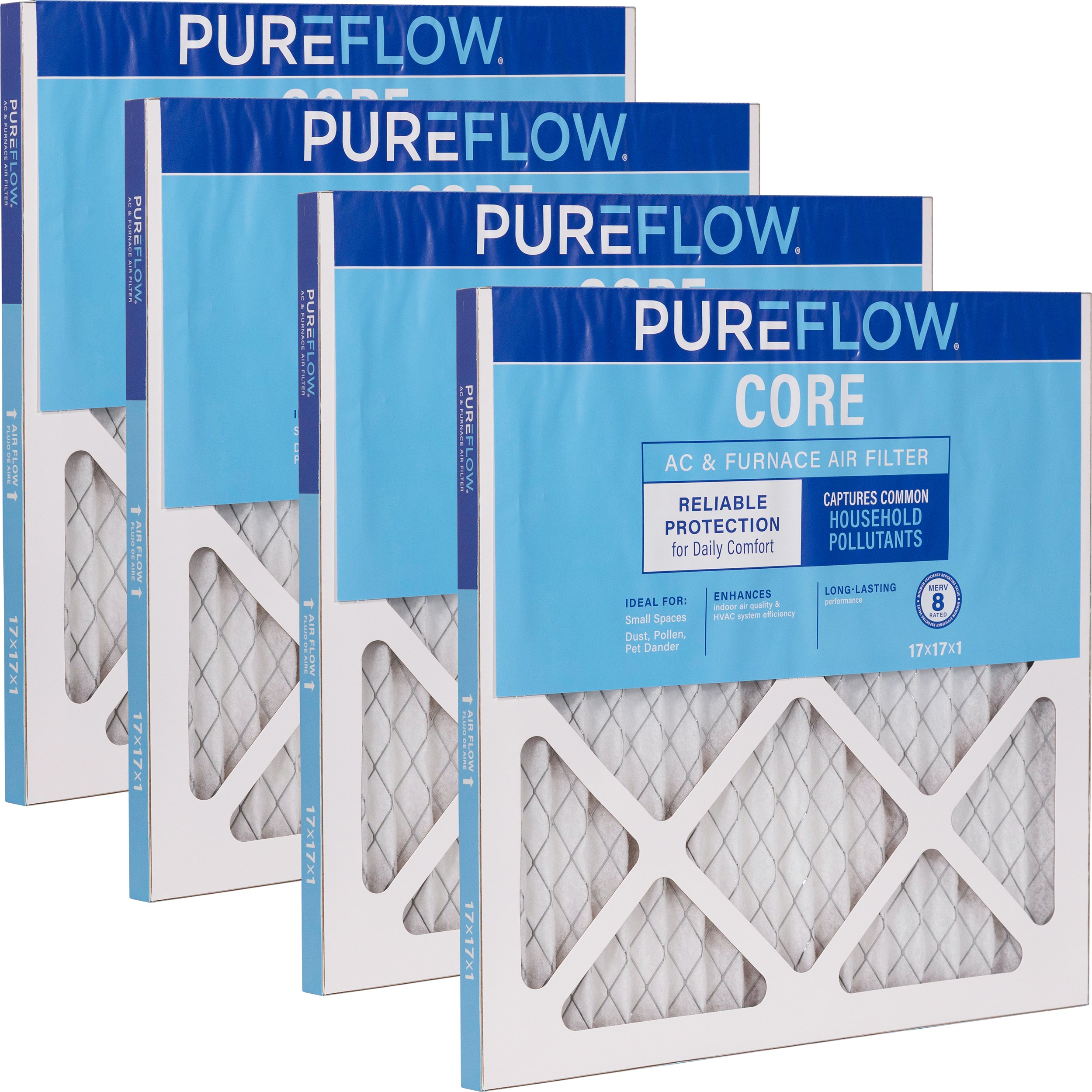 PUREFLOW Home Air Filter MERV 8, 17x17x1 Furnace Filter, 4 Layer High Efficiency Filtration for Dust, Smoke, Fumes, Pollutants (4 - Pack)