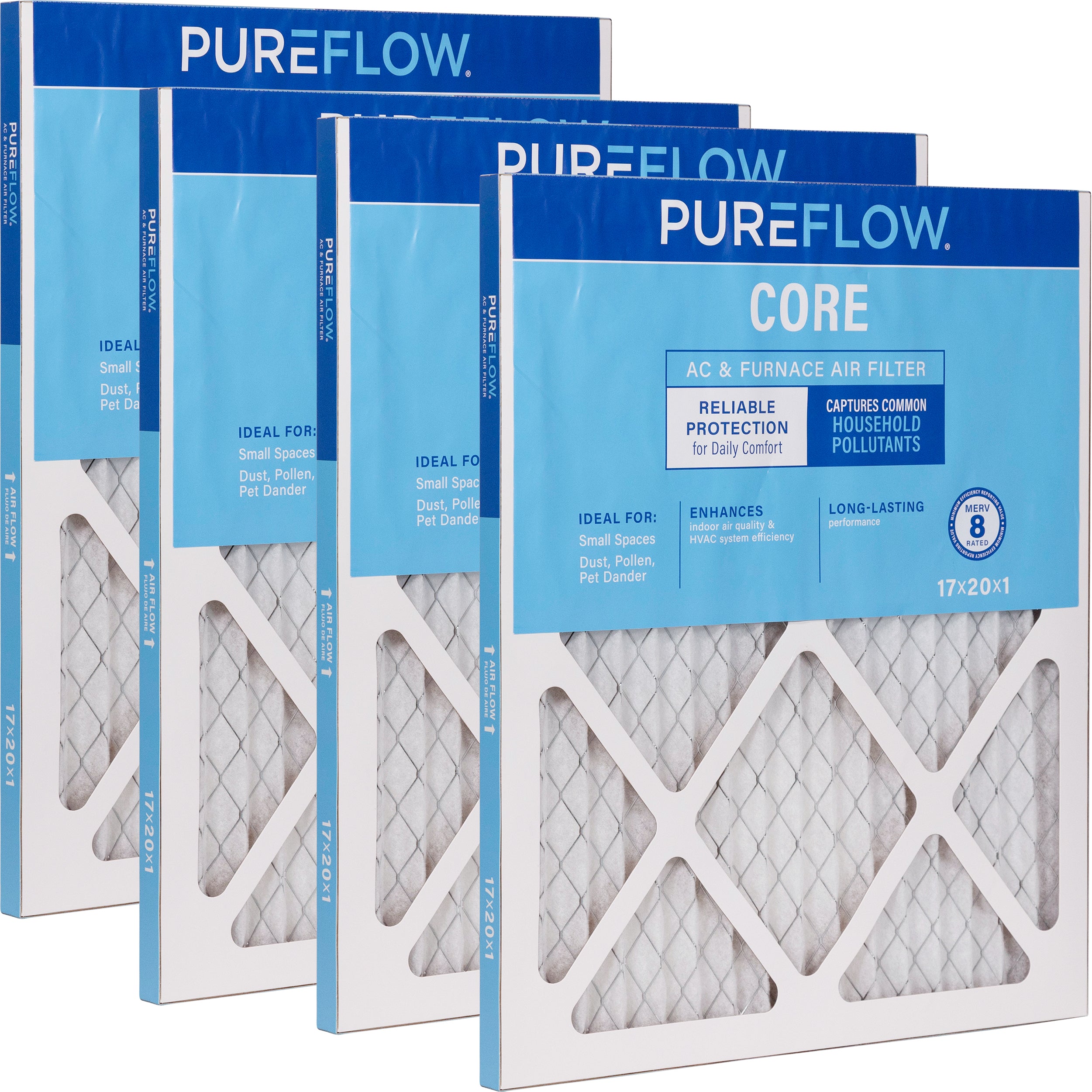 PUREFLOW Home Air Filter MERV 8, 17x20x1 Furnace Filter, 4 Layer High Efficiency Filtration for Dust, Smoke, Fumes, Pollutants (4 - Pack)