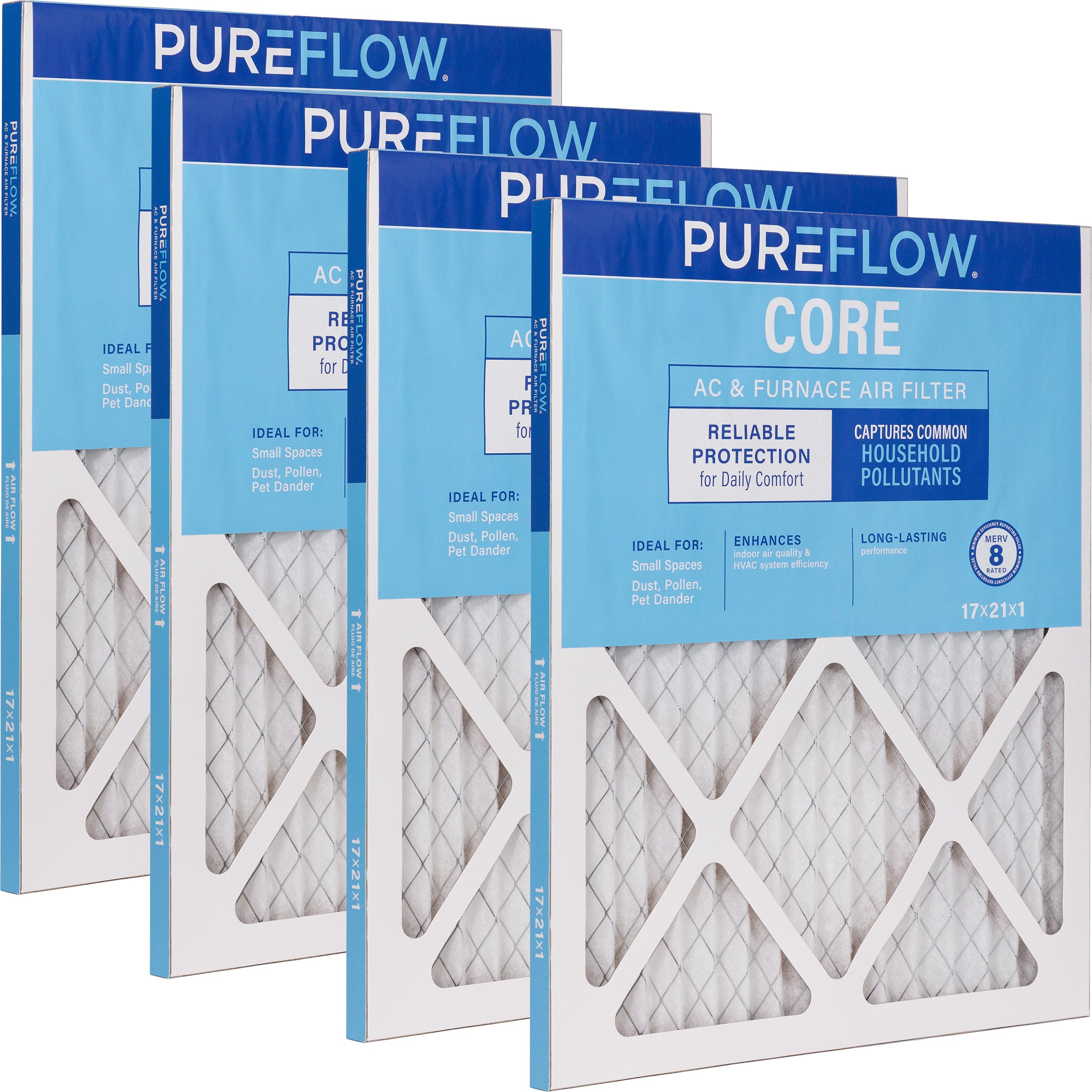 PUREFLOW Home Air Filter MERV 8, 17x21x1 Furnace Filter, 4 Layer High Efficiency Filtration for Dust, Smoke, Fumes, Pollutants (4 - Pack) (Copy)