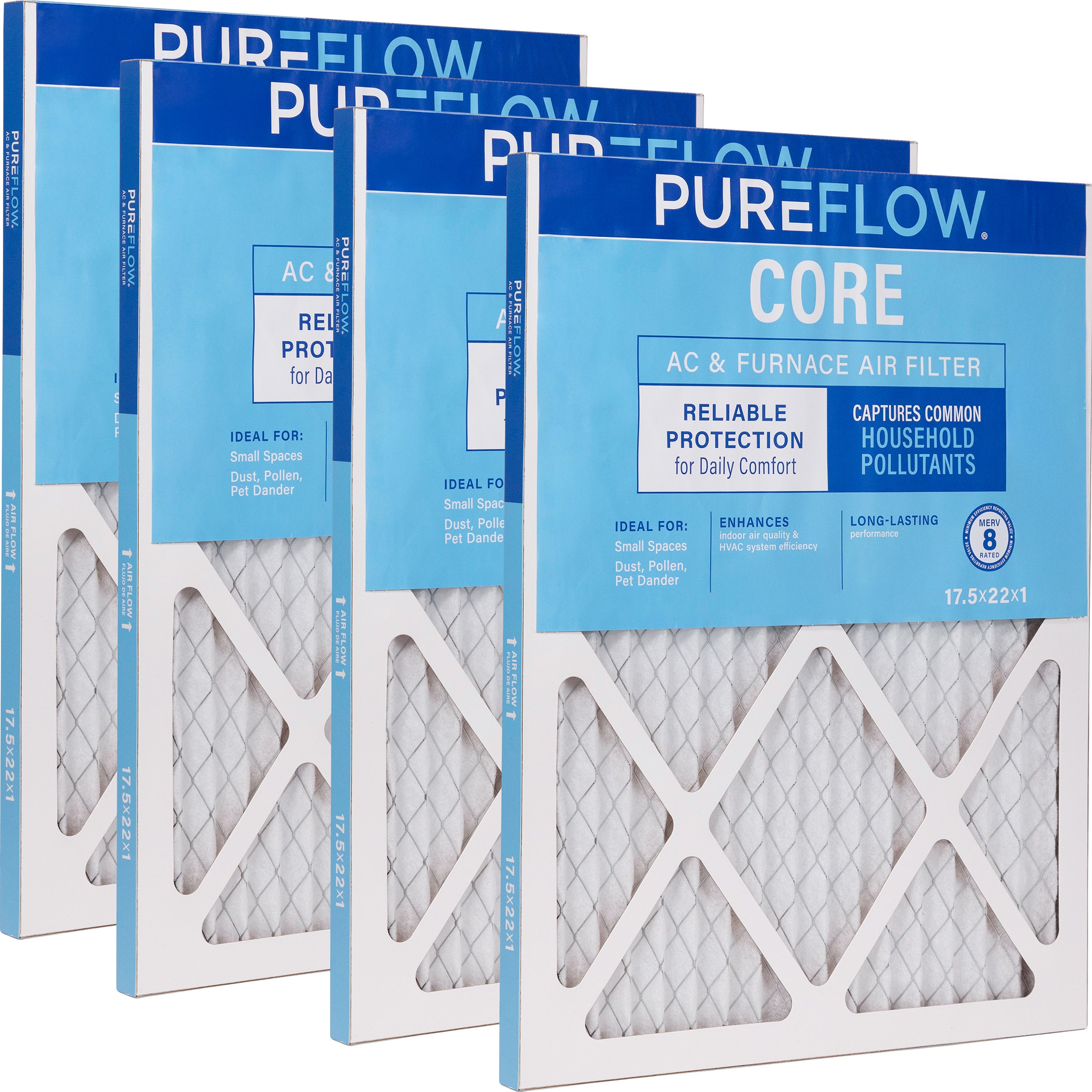 PUREFLOW Home Air Filter MERV 8, 17.5x22x1 Furnace Filter, 4 Layer High Efficiency Filtration for Dust, Smoke, Fumes, Pollutants (4 - Pack)