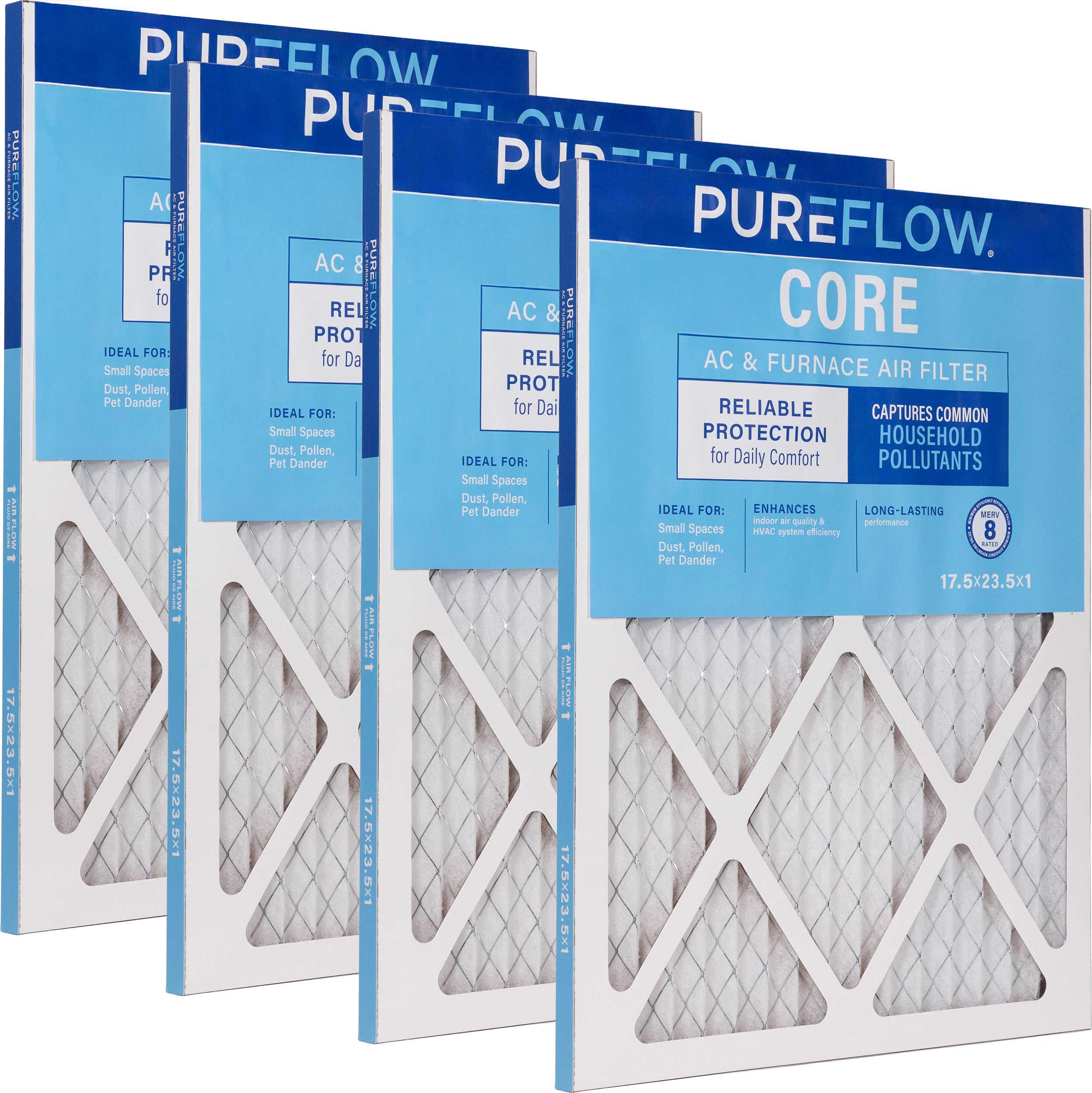 PUREFLOW Home Air Filter MERV 8, 17.5x23.5x1 Furnace Filter, 4 Layer High Efficiency Filtration for Dust, Smoke, Fumes, Pollutants (4 - Pack)