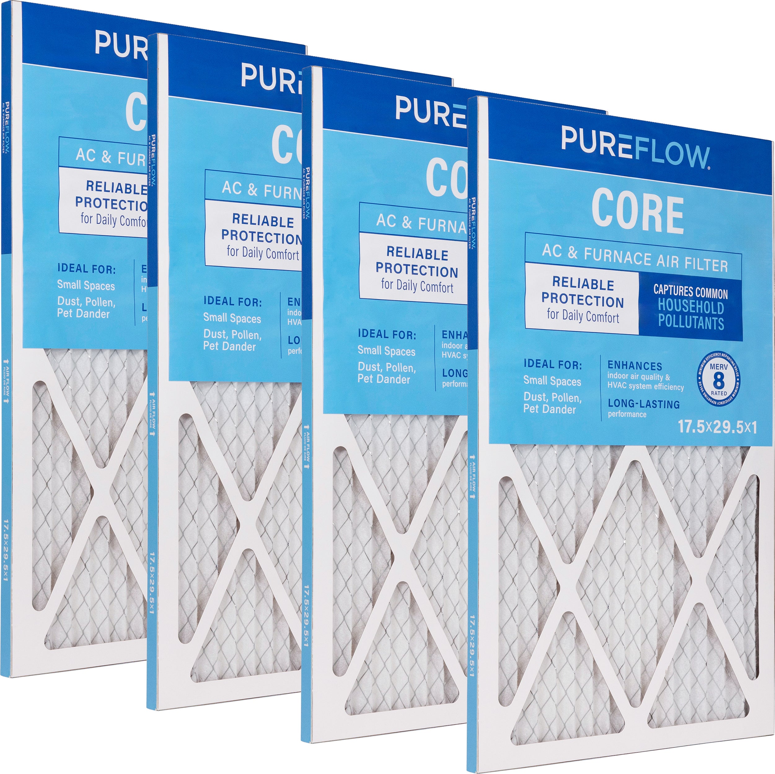 PUREFLOW Home Air Filter MERV 8, 17.5x29.5x1 Furnace Filter, 4 Layer High Efficiency Filtration for Dust, Smoke, Fumes, Pollutants (4 - Pack)