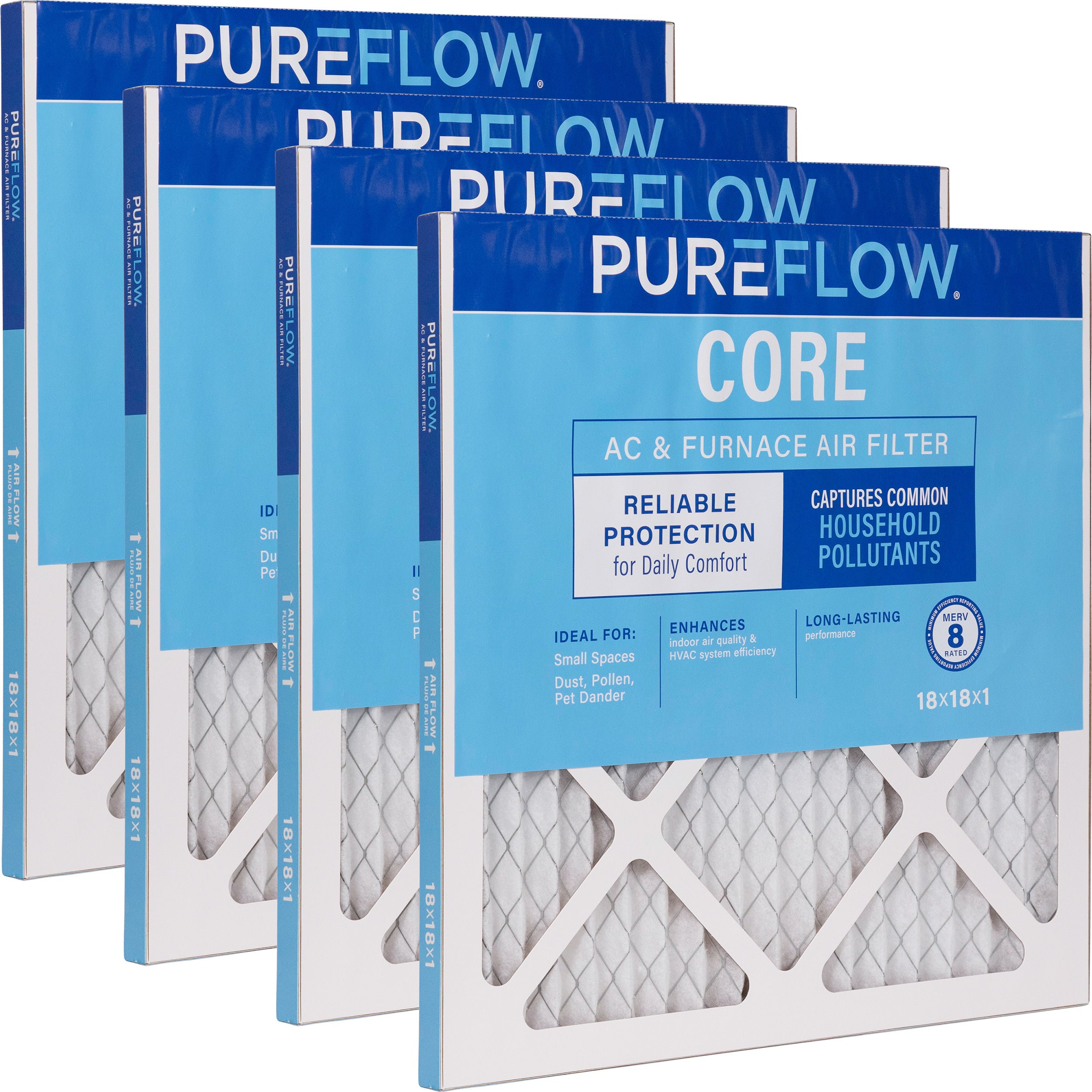 PUREFLOW Home Air Filter MERV 8, 18x18x1 Furnace Filter, 4 Layer High Efficiency Filtration for Dust, Smoke, Fumes, Pollutants (4 - Pack)
