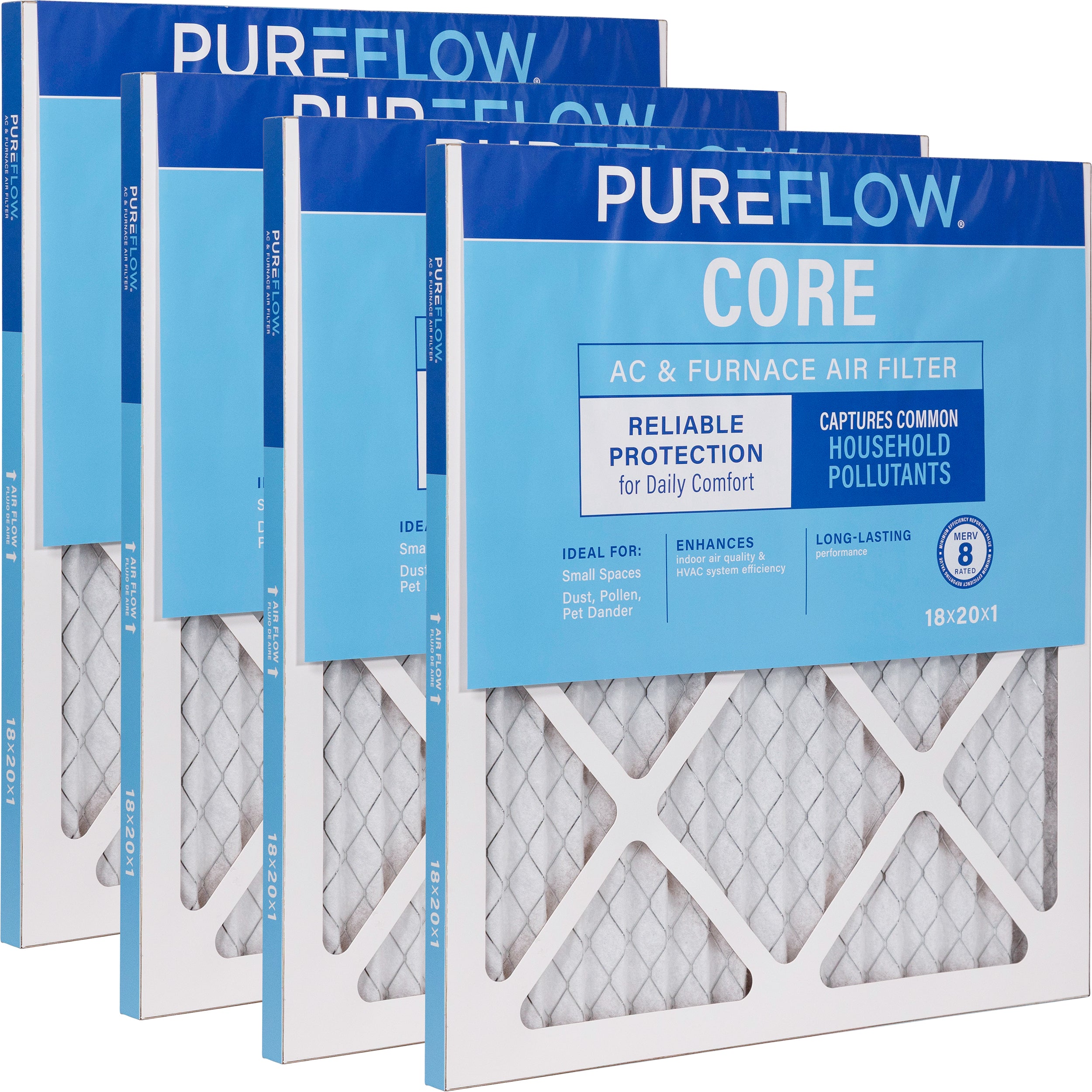 PUREFLOW Home Air Filter MERV 8, 18x20x1 Furnace Filter, 4 Layer High Efficiency Filtration for Dust, Smoke, Fumes, Pollutants (4 - Pack)