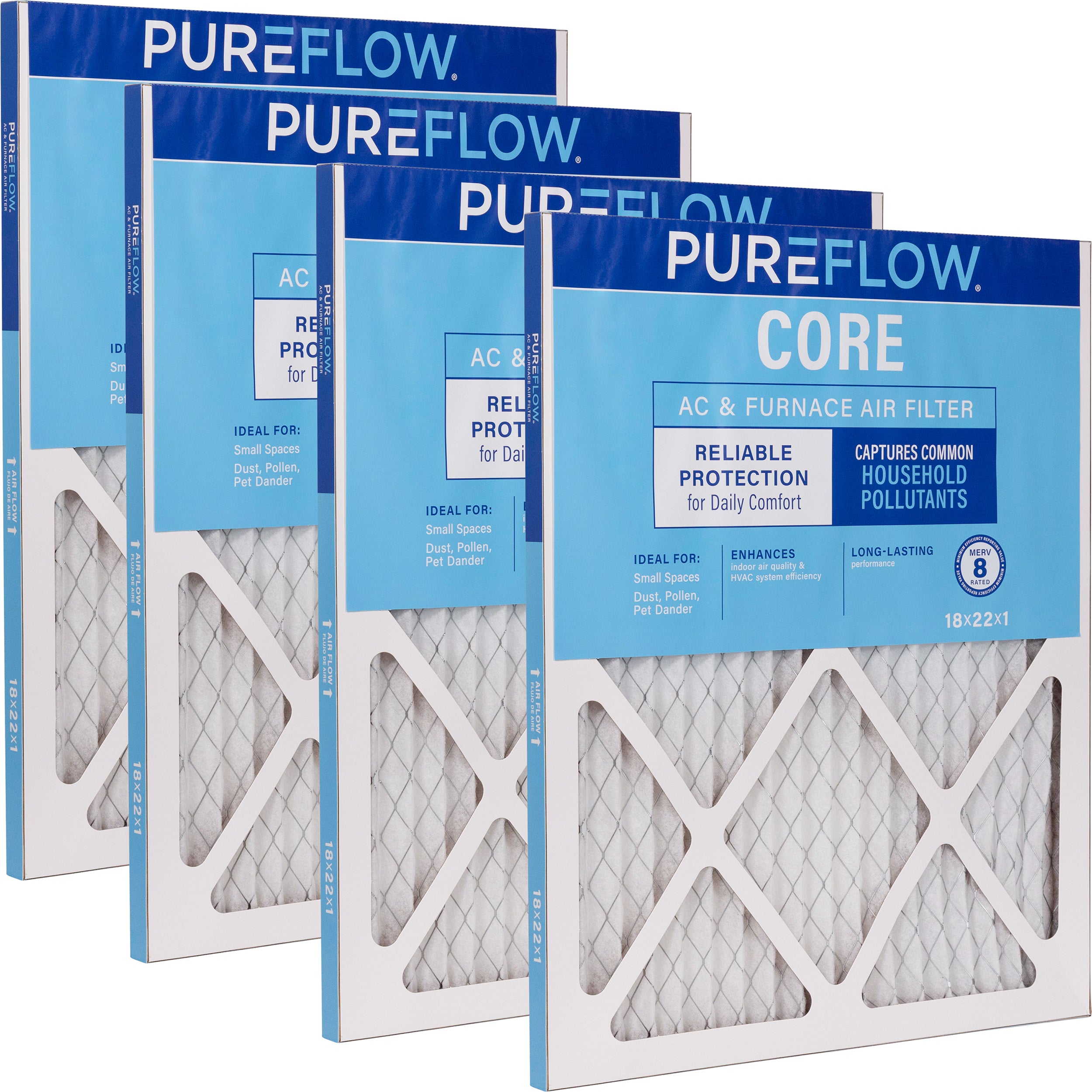 PUREFLOW Home Air Filter MERV 8, 18x22x1 Furnace Filter, 4 Layer High Efficiency Filtration for Dust, Smoke, Fumes, Pollutants (4 - Pack)
