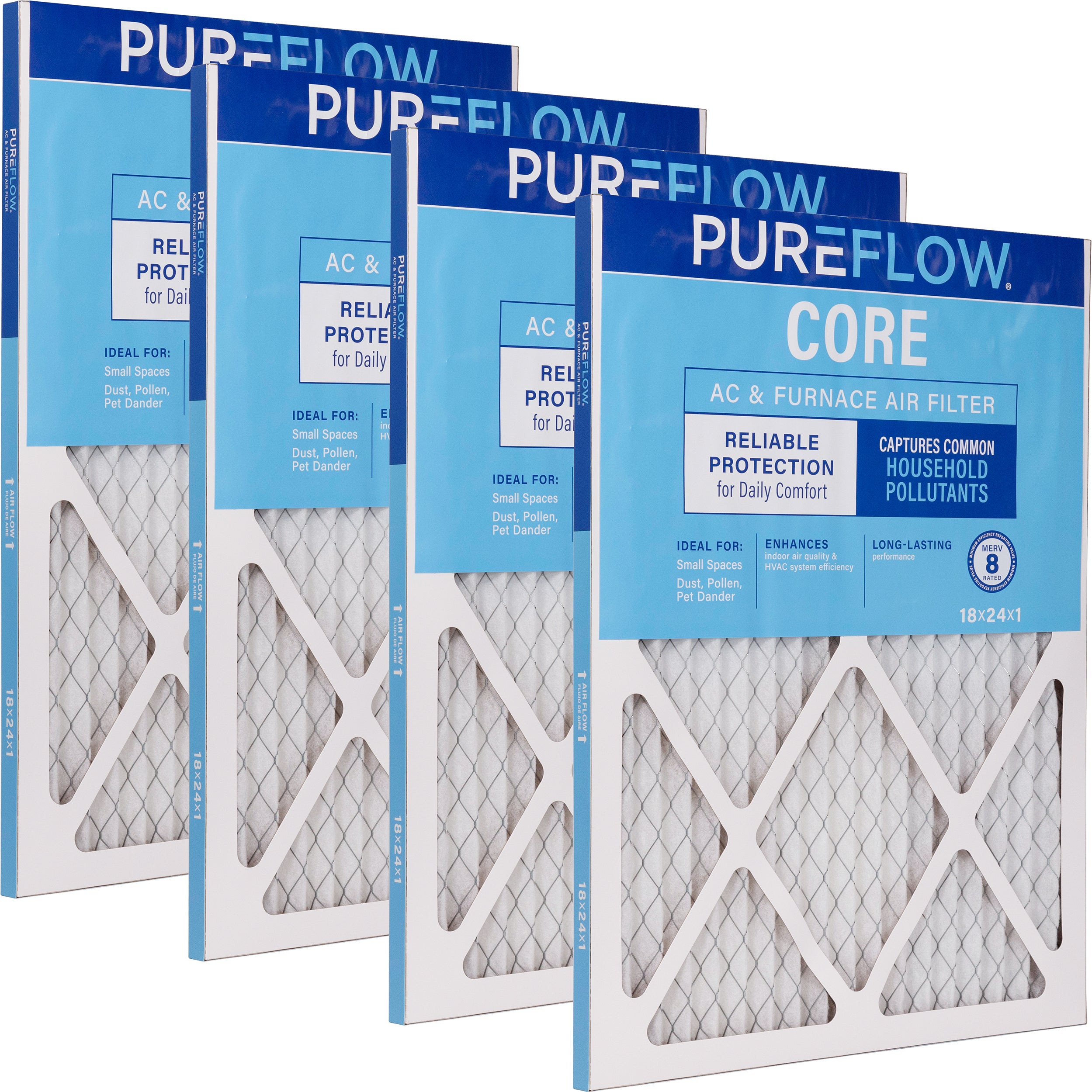 PUREFLOW Home Air Filter MERV 8, 18x24x1 Furnace Filter, 4 Layer High Efficiency Filtration for Dust, Smoke, Fumes, Pollutants (4 - Pack)