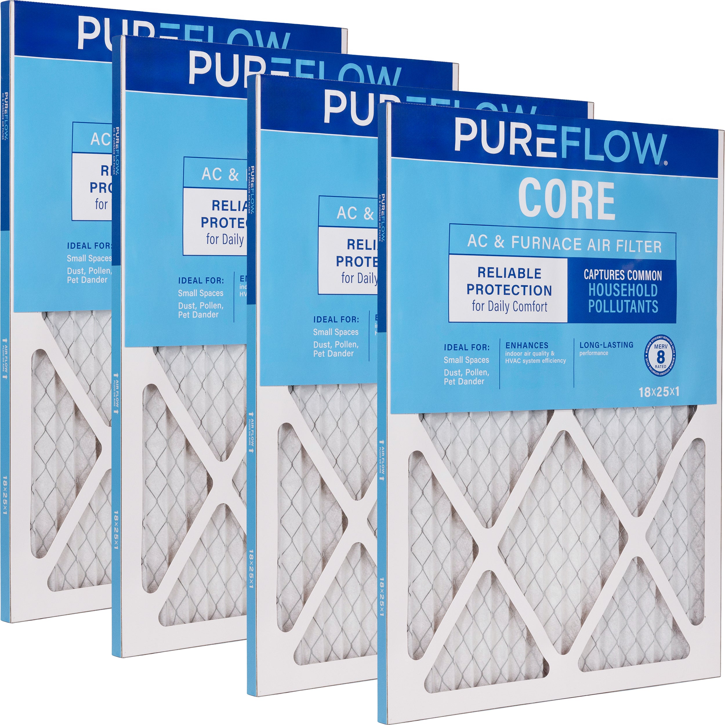 PUREFLOW Home Air Filter MERV 8, 18x25x1 Furnace Filter, 4 Layer High Efficiency Filtration for Dust, Smoke, Fumes, Pollutants (4 - Pack)