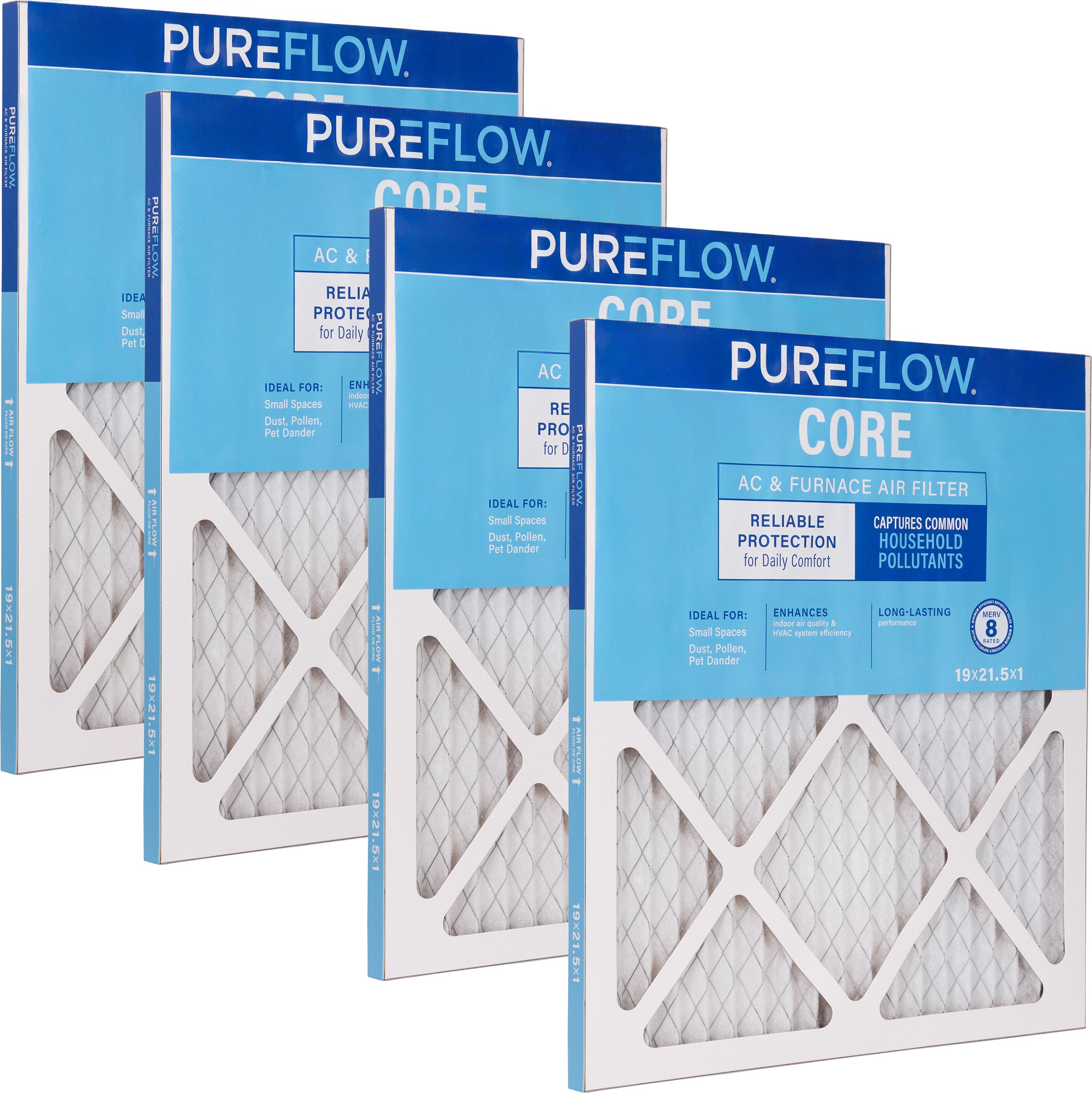 PUREFLOW Home Air Filter MERV 8, 19x21.5x1 Furnace Filter, 4 Layer High Efficiency Filtration for Dust, Smoke, Fumes, Pollutants (4 - Pack)