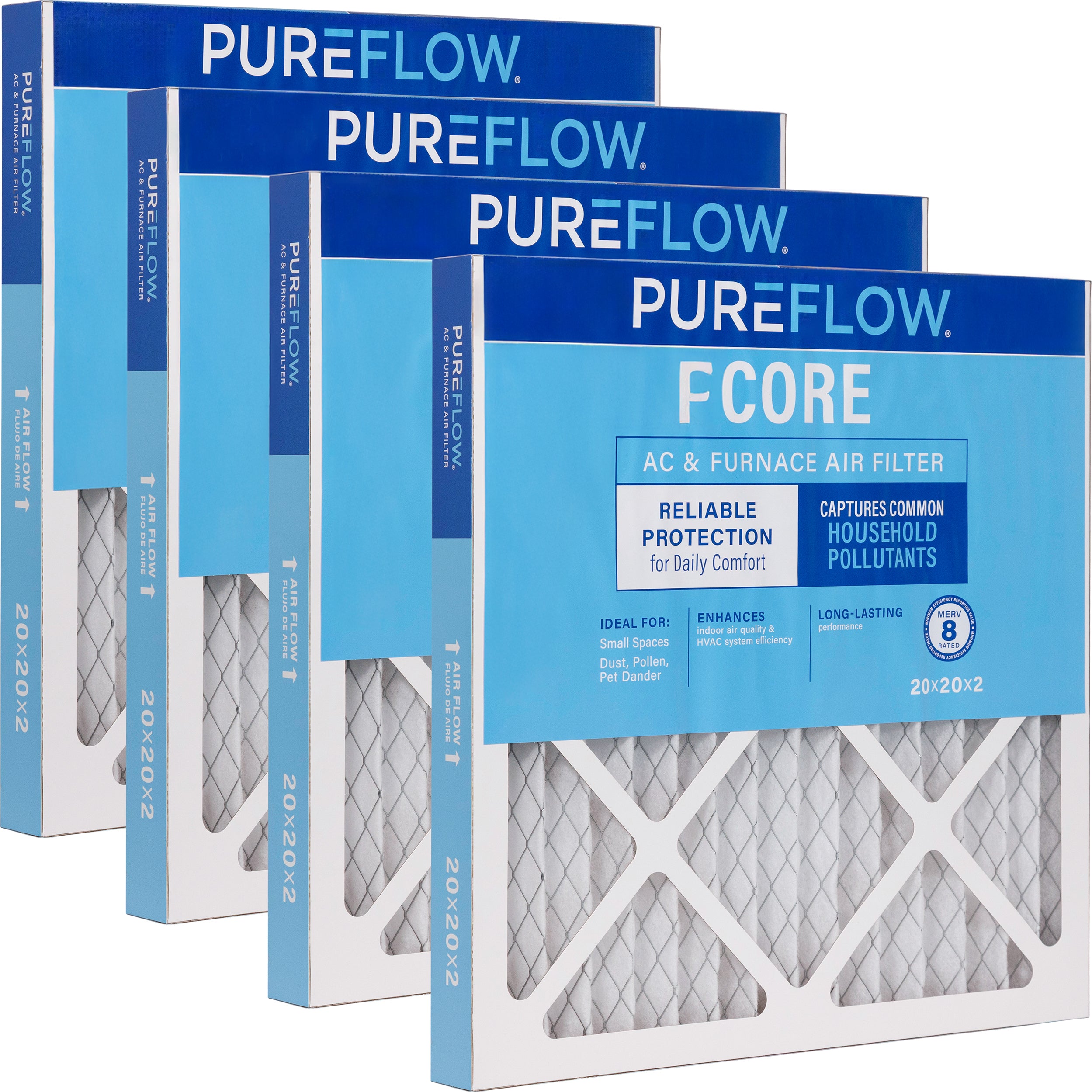 PUREFLOW Home Air Filter MERV 8, 20x20x2 Furnace Filter, 4 Layer High Efficiency Filtration for Dust, Smoke, Fumes, Pollutants (4 - Pack)