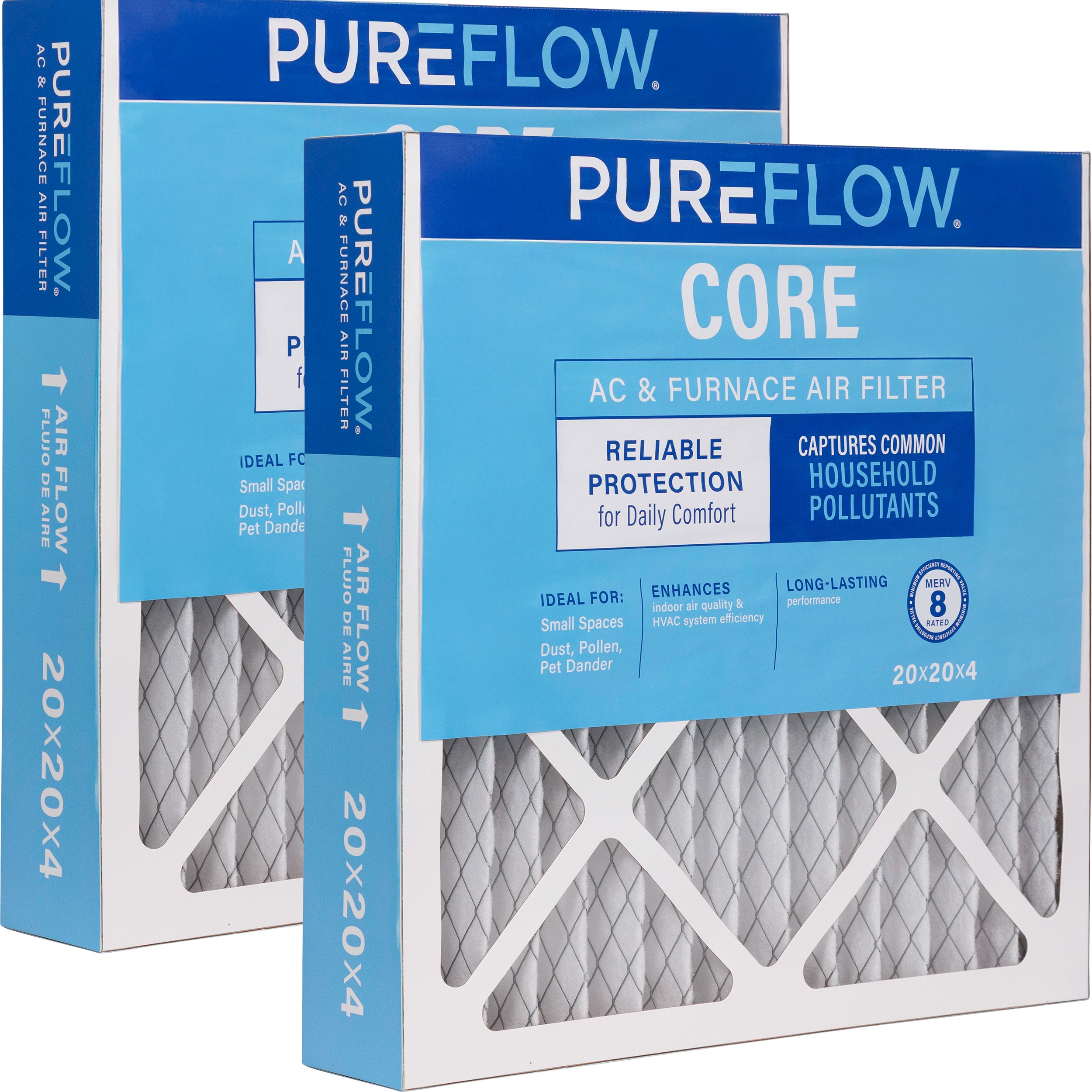 PUREFLOW Home Air Filter MERV 8, 20x20x4 Furnace Filter, 4 Layer High Efficiency Filtration for Dust, Smoke, Fumes, Pollutants (2 - Pack)