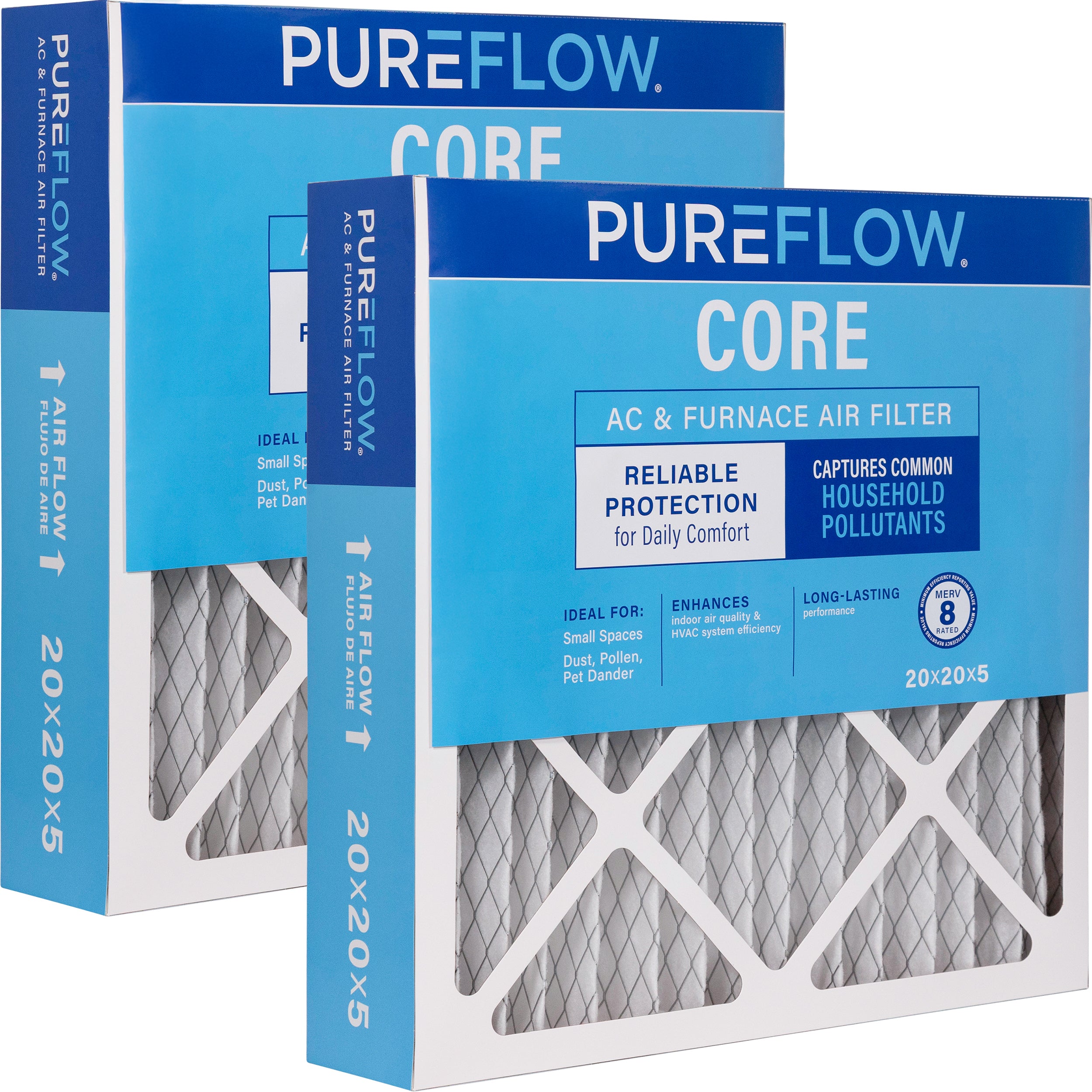 PUREFLOW Home Air Filter MERV 8, 20x20x5 Furnace Filter, 4 Layer High Efficiency Filtration for Dust, Smoke, Fumes, Pollutants (2 - Pack)