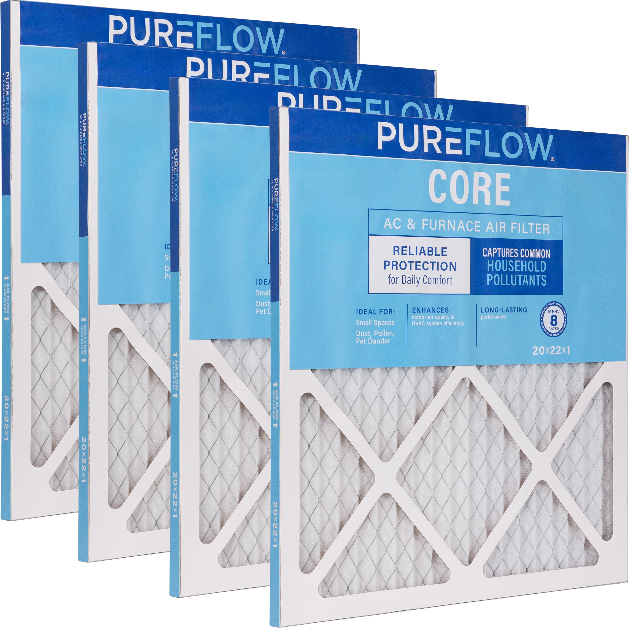 PUREFLOW Home Air Filter MERV 8, 20x22x1 Furnace Filter, 4 Layer High Efficiency Filtration for Dust, Smoke, Fumes, Pollutants (4 - Pack)