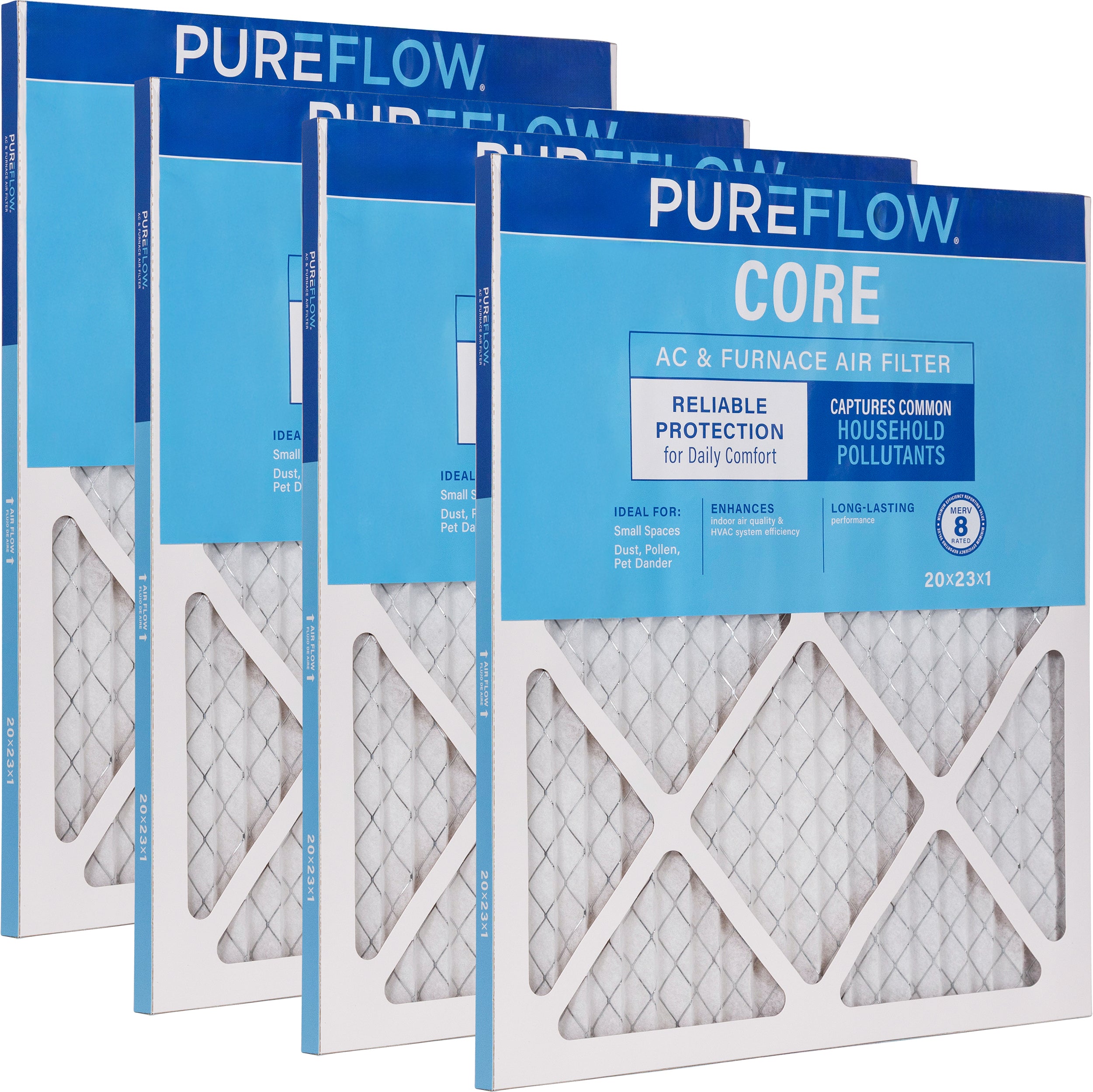 PUREFLOW Home Air Filter MERV 8, 20x23x1 Furnace Filter, 4 Layer High Efficiency Filtration for Dust, Smoke, Fumes, Pollutants (4 - Pack)
