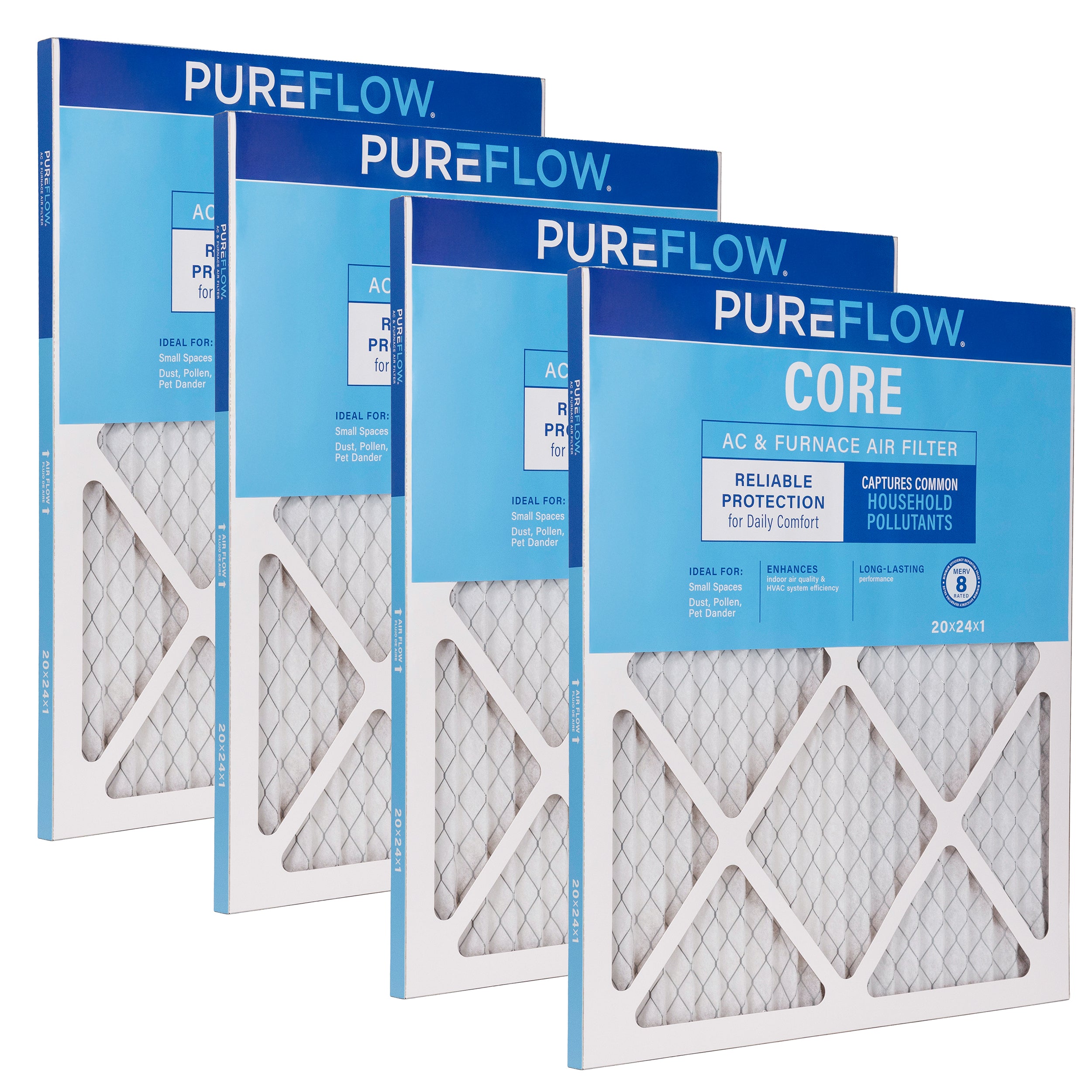 PUREFLOW Home Air Filter MERV 8, 20x24x1 Furnace Filter, 4 Layer High Efficiency Filtration for Dust, Smoke, Fumes, Pollutants (4 - Pack)