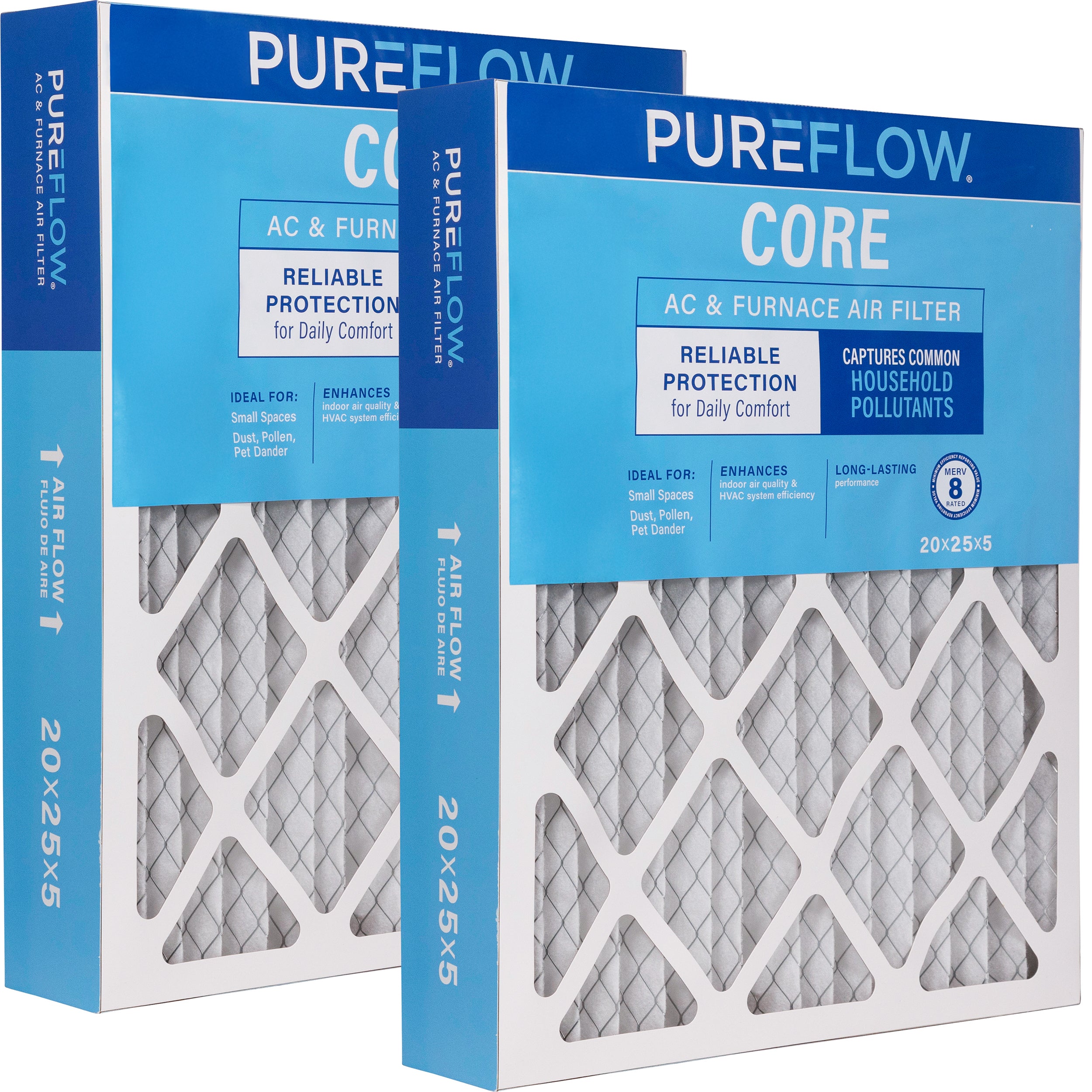 PUREFLOW Home Air Filter MERV 8, 20x25x5 Furnace Filter, 4 Layer High Efficiency Filtration for Dust, Smoke, Fumes, Pollutants (2 - Pack)